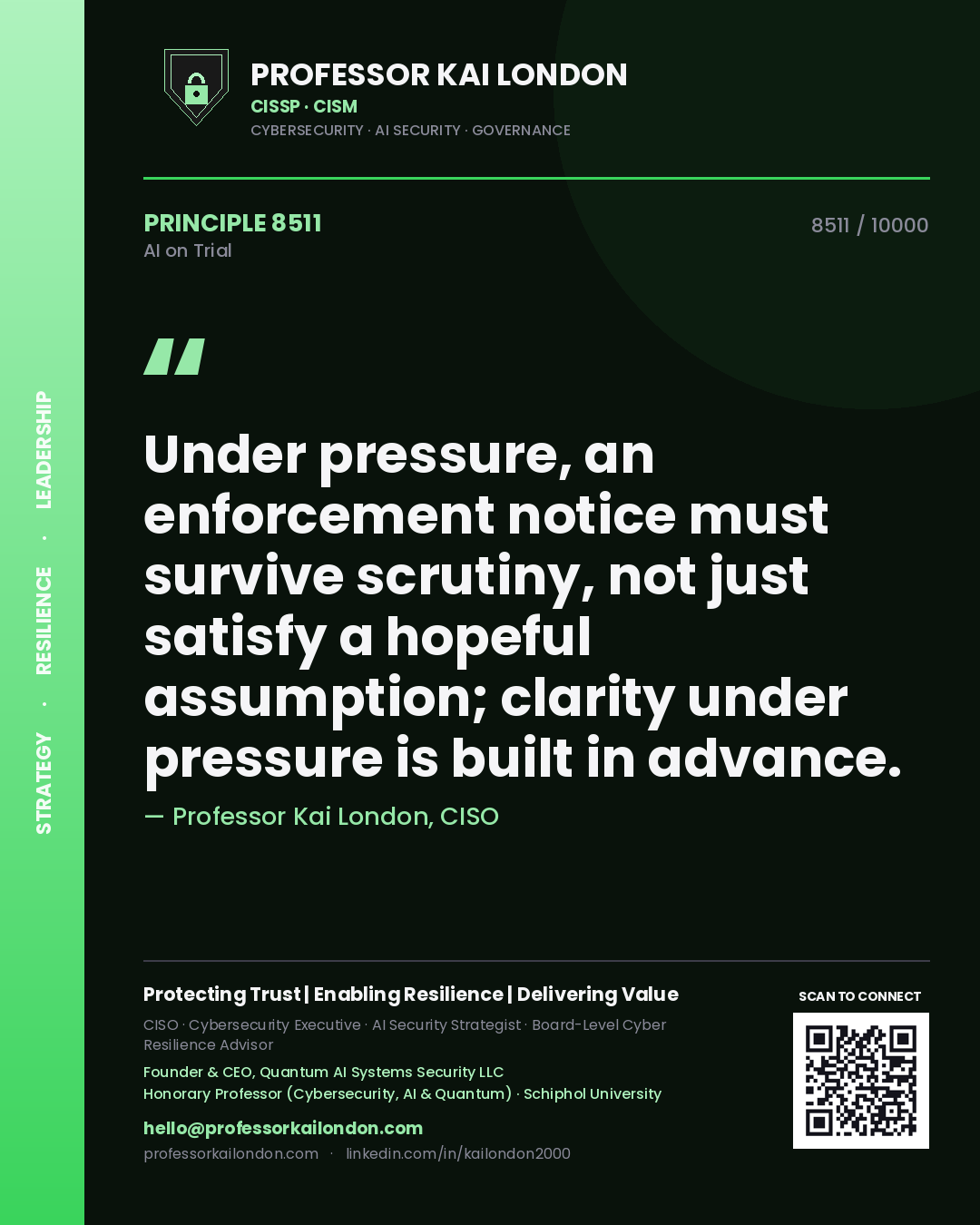Professor Kai London principle 8511: Under pressure, an enforcement notice must survive scrutiny, not just satisfy a hopeful assumption; clarity under pressure is built in advance.