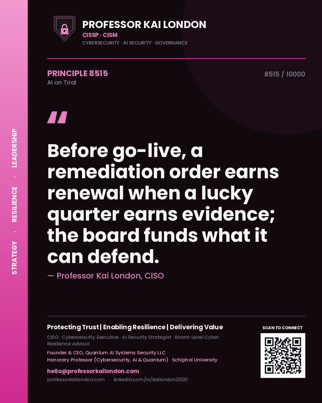 Professor Kai London principle 8515: Before go-live, a remediation order earns renewal when a lucky quarter earns evidence; the board funds what it can defend.