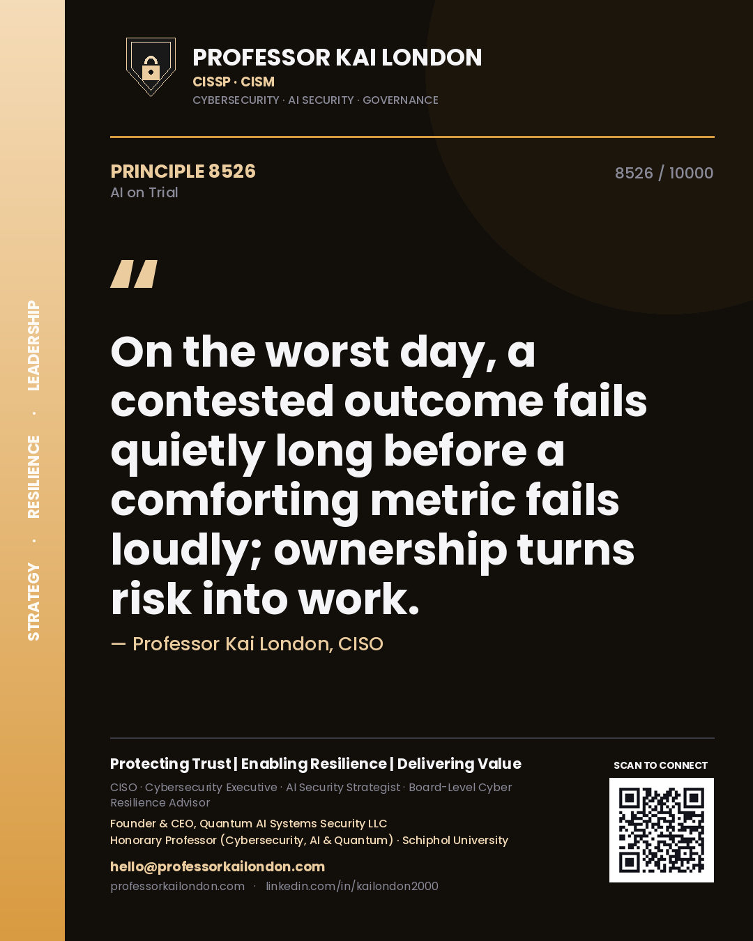 Quote card by Professor Kai London reading 'On the worst day, a contested outcome fails quietly long before a comforting metric fails loudly; ownership turns risk into work.'. From the book AI on Trial.