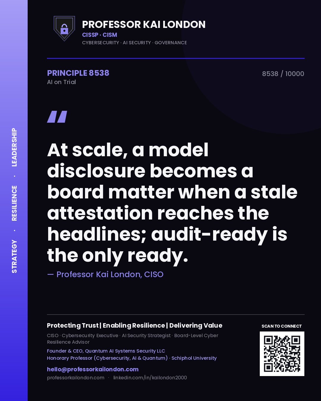 Quote card by Professor Kai London reading 'At scale, a model disclosure becomes a board matter when a stale attestation reaches the headlines; audit-ready is the only ready.'. From the book AI on Trial.