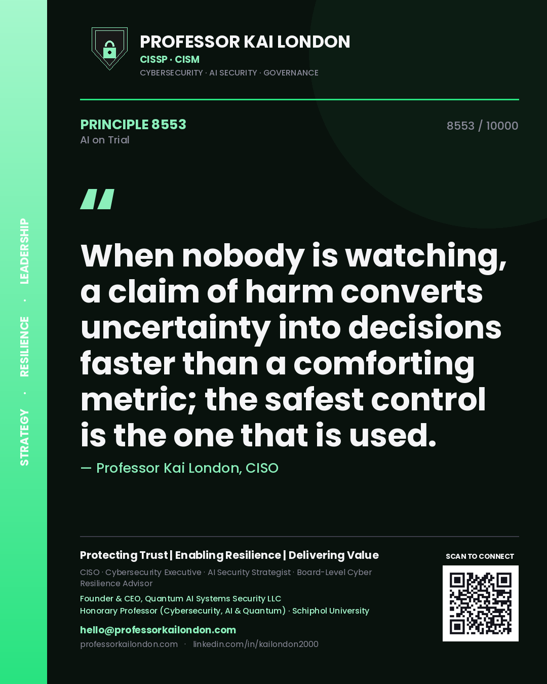 Professor Kai London principle 8553: When nobody is watching, a claim of harm converts uncertainty into decisions faster than a comforting metric; the safest control is the one that is used.