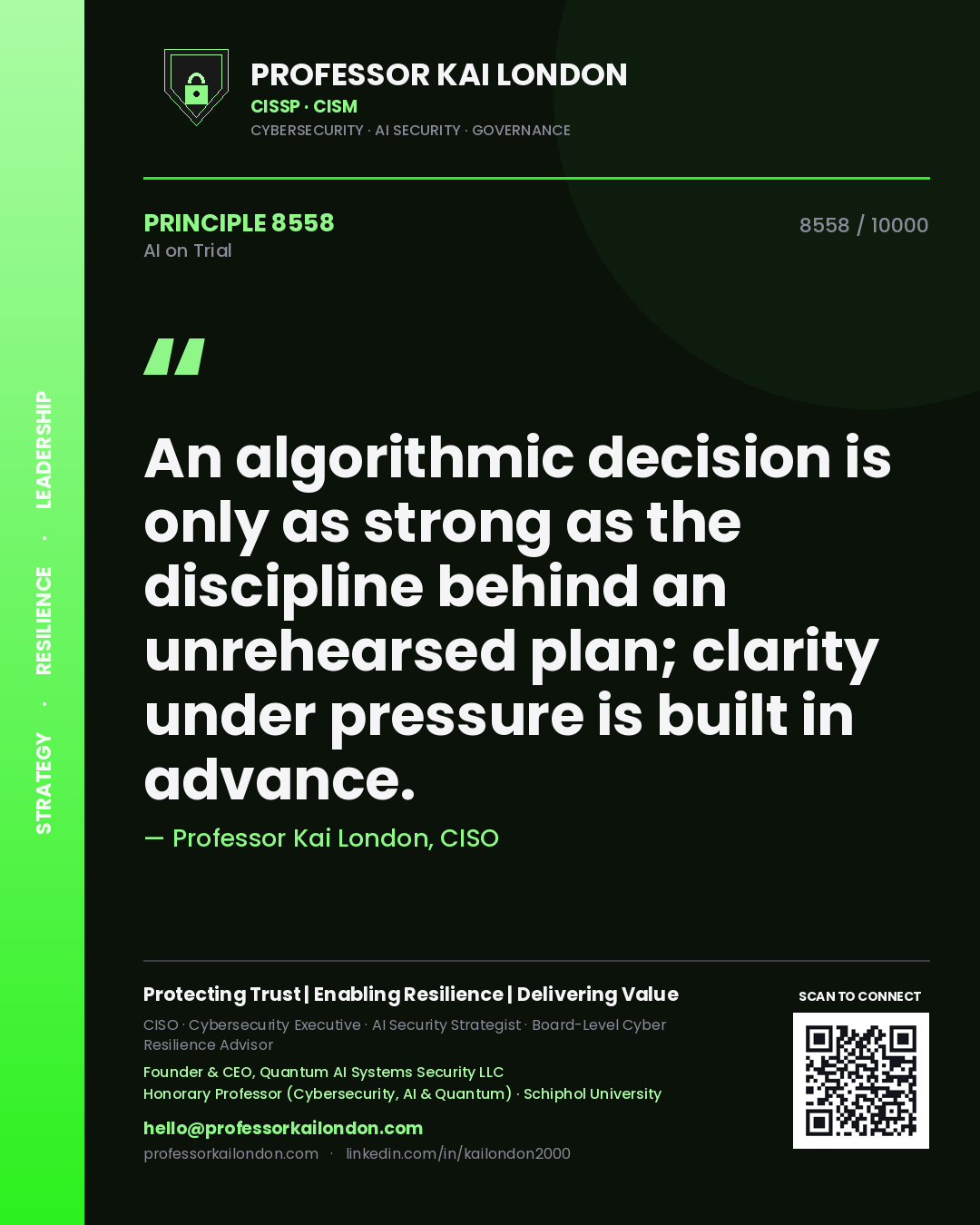 Quote card by Professor Kai London reading 'An algorithmic decision is only as strong as the discipline behind an unrehearsed plan; clarity under pressure is built in advance.'. From the book AI on Trial.