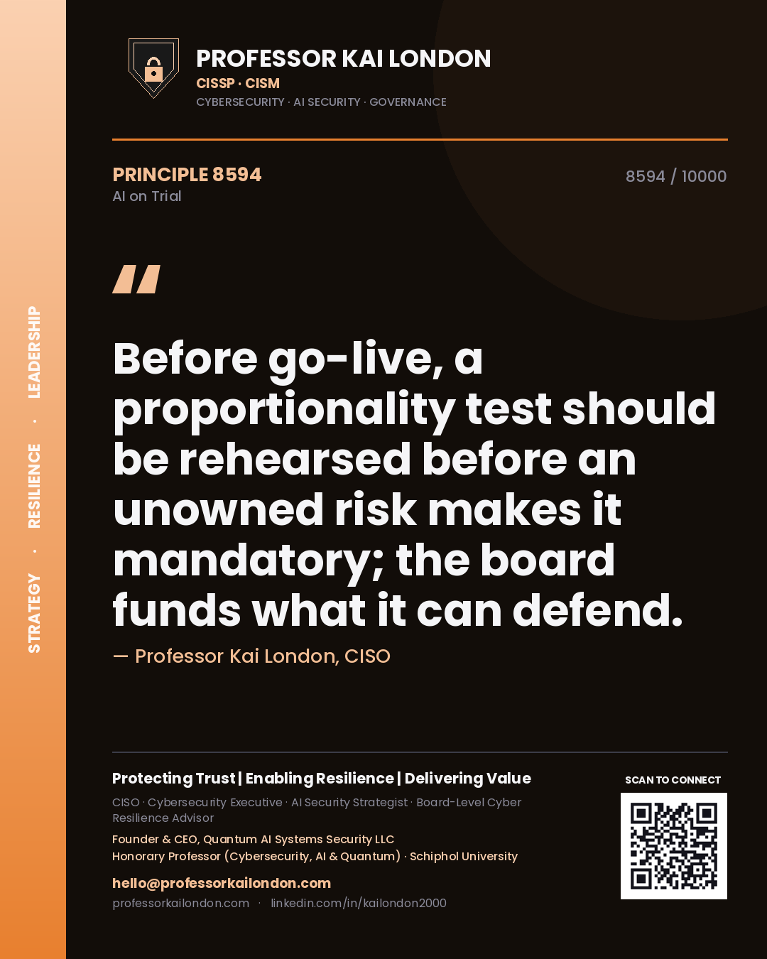 Professor Kai London principle 8594: Before go-live, a proportionality test should be rehearsed before an unowned risk makes it mandatory; the board funds what it can defend.