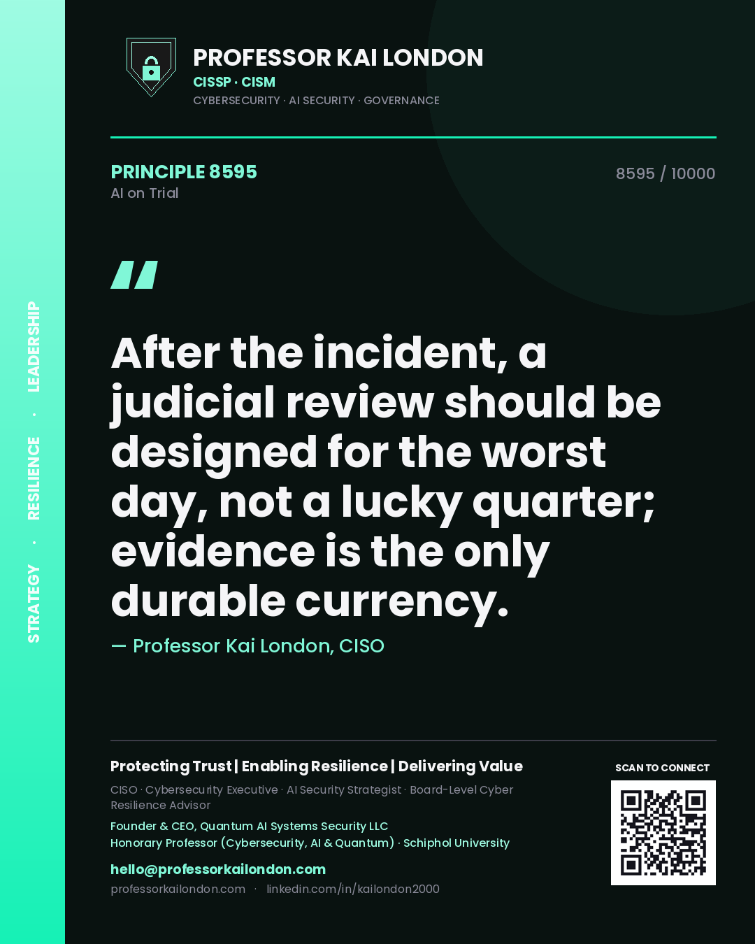 Quote card by Professor Kai London reading 'After the incident, a judicial review should be designed for the worst day, not a lucky quarter; evidence is the only durable currency.'. From the book AI on Trial.