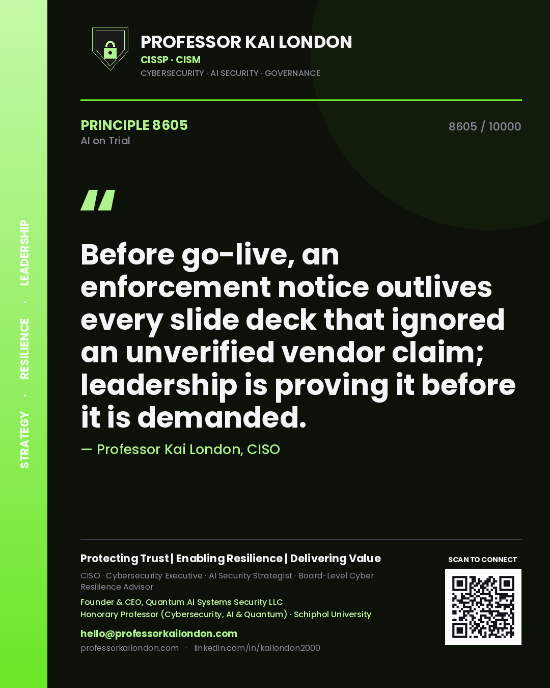 Professor Kai London principle 8605: Before go-live, an enforcement notice outlives every slide deck that ignored an unverified vendor claim; leadership is proving it before it is demanded.