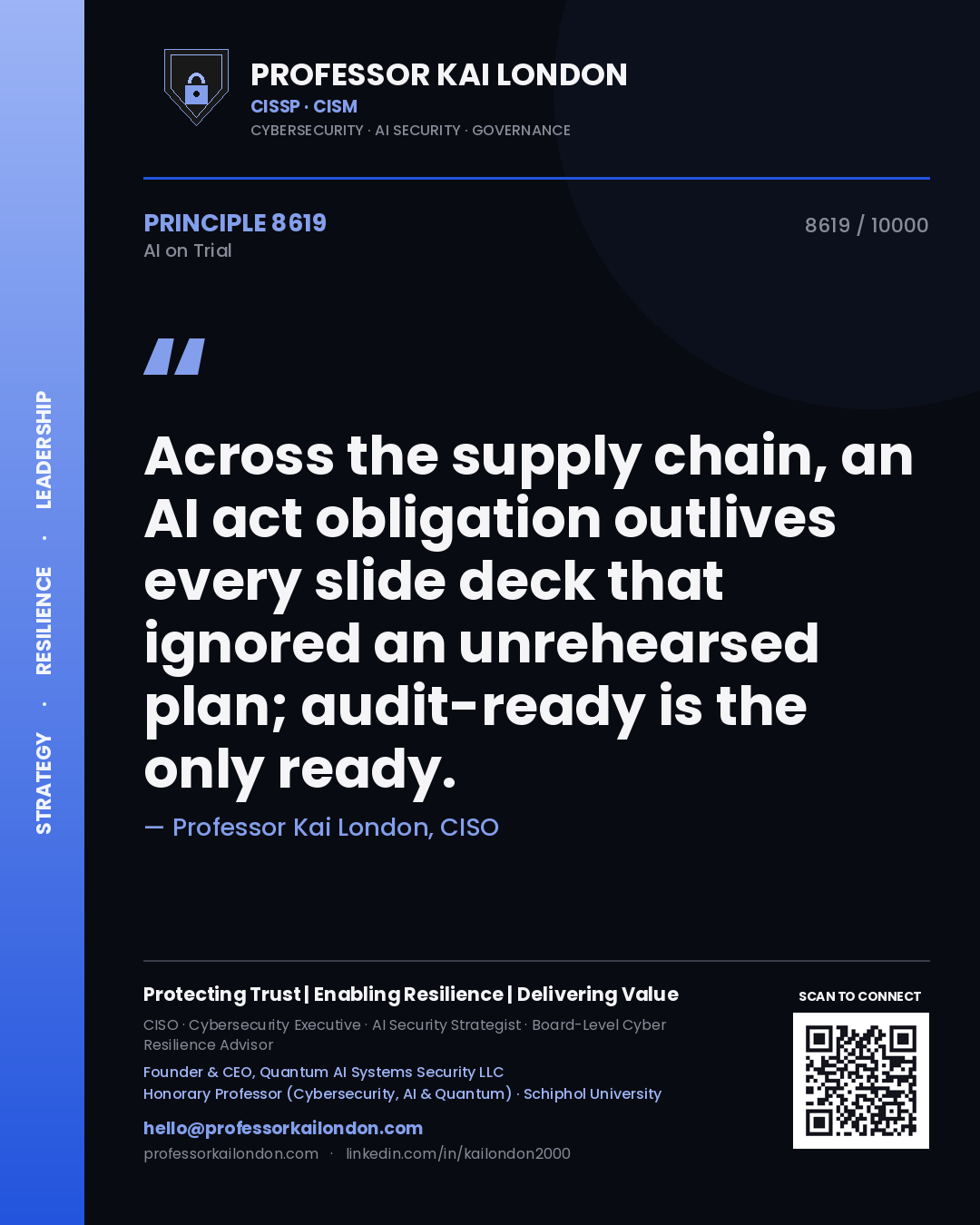 Quote card by Professor Kai London reading 'Across the supply chain, an AI act obligation outlives every slide deck that ignored an unrehearsed plan; audit-ready is the only ready.'. From the book AI on Trial.