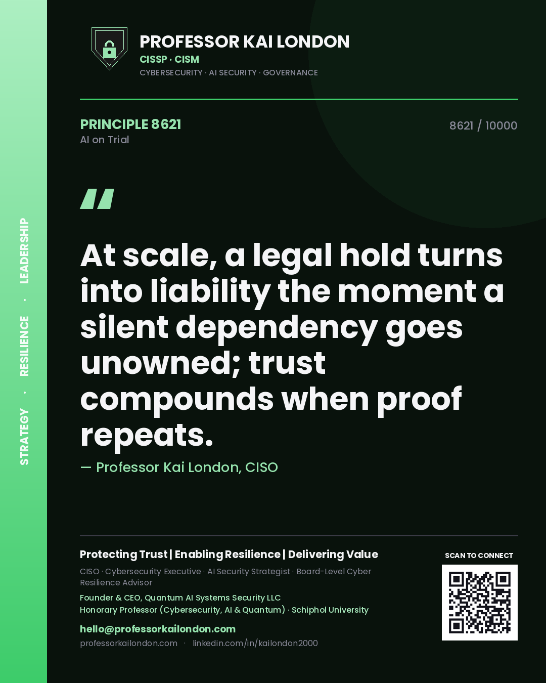 Quote card by Professor Kai London reading 'At scale, a legal hold turns into liability the moment a silent dependency goes unowned; trust compounds when proof repeats.'. From the book AI on Trial.