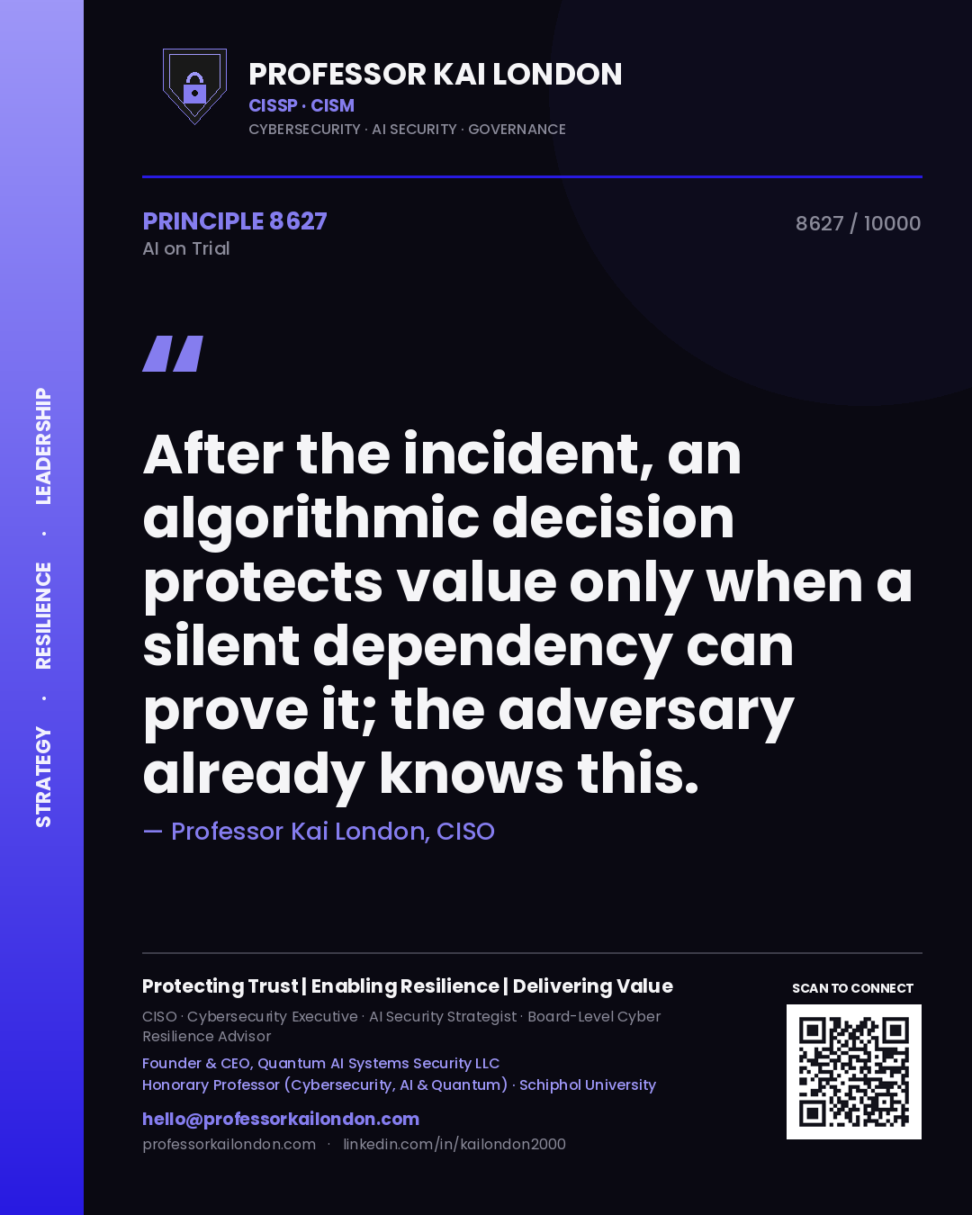 Quote card by Professor Kai London reading 'After the incident, an algorithmic decision protects value only when a silent dependency can prove it; the adversary already knows this.'. From the book AI on Trial.