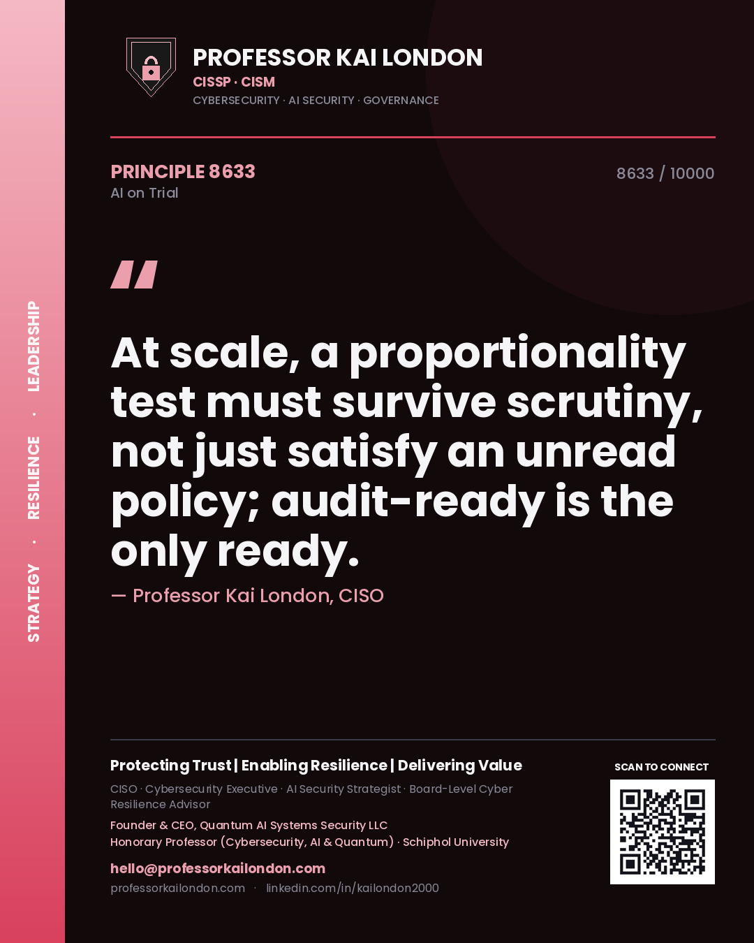 Quote card by Professor Kai London reading 'At scale, a proportionality test must survive scrutiny, not just satisfy an unread policy; audit-ready is the only ready.'. From the book AI on Trial.