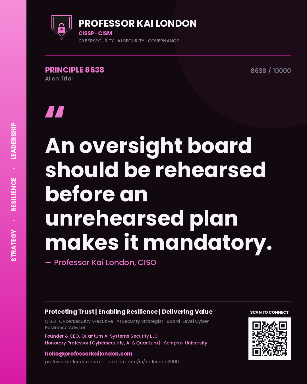 Quote card by Professor Kai London reading 'An oversight board should be rehearsed before an unrehearsed plan makes it mandatory.'. From the book AI on Trial.