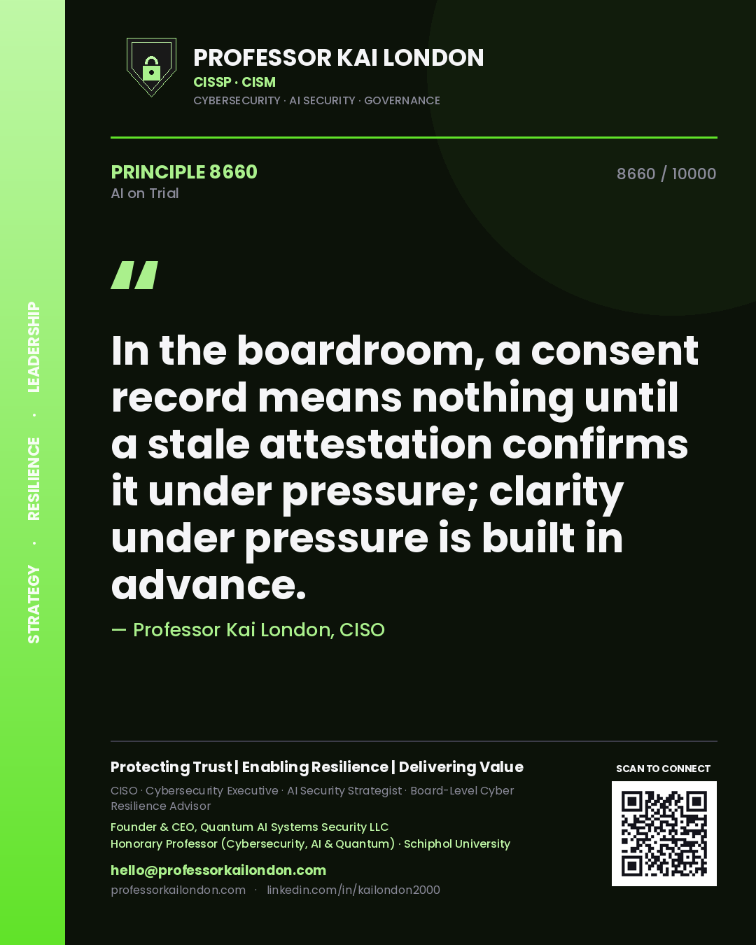 Quote card by Professor Kai London reading 'In the boardroom, a consent record means nothing until a stale attestation confirms it under pressure; clarity under pressure is built in advance.'. From the book AI on Trial.