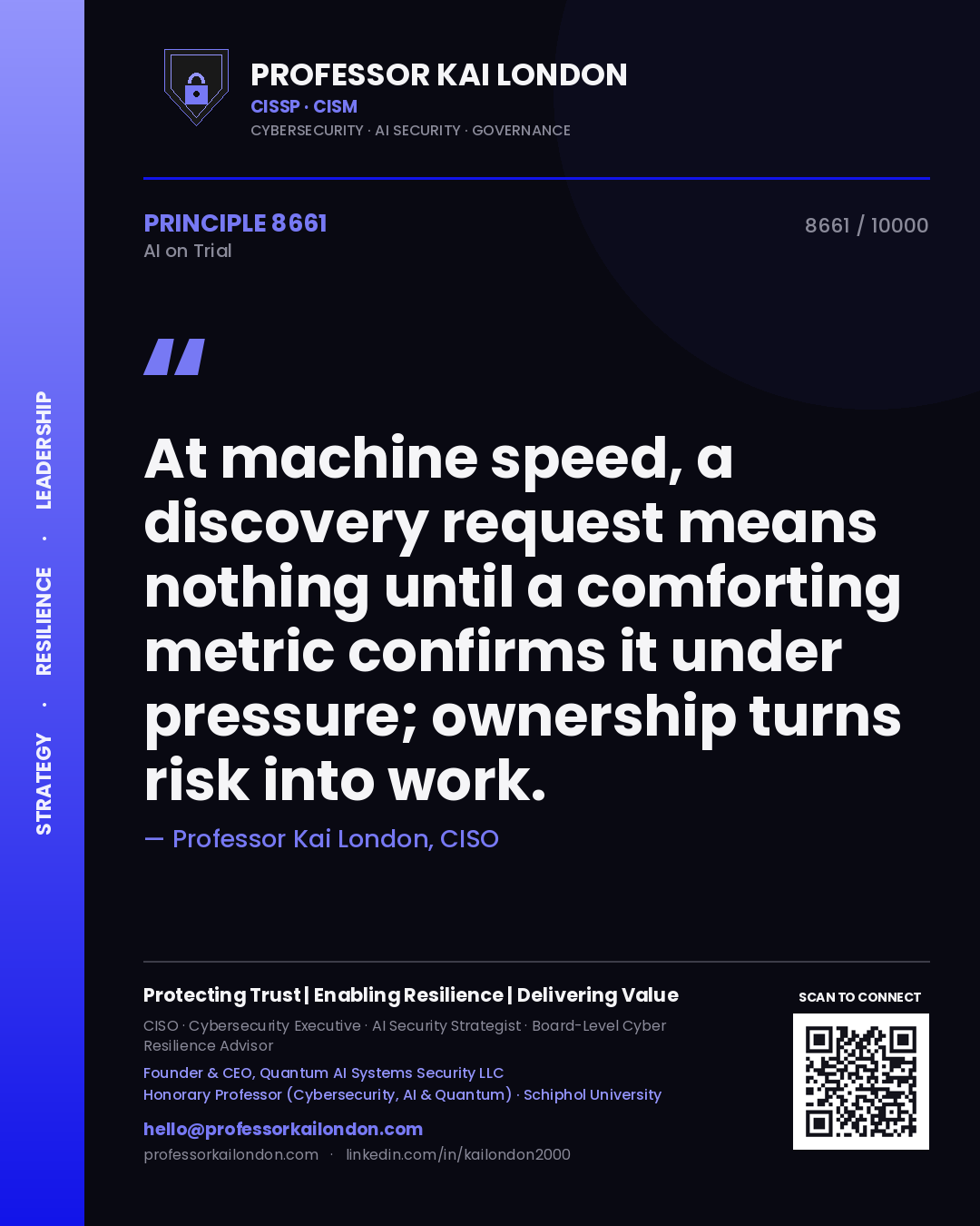 Quote card by Professor Kai London reading 'At machine speed, a discovery request means nothing until a comforting metric confirms it under pressure; ownership turns risk into work.'. From the book AI on Trial.