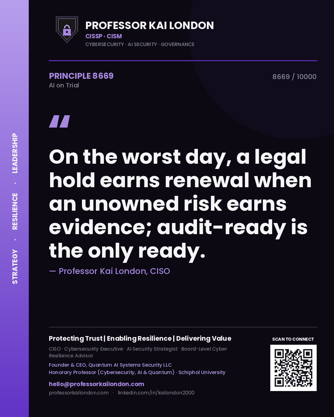 Quote card by Professor Kai London reading 'On the worst day, a legal hold earns renewal when an unowned risk earns evidence; audit-ready is the only ready.'. From the book AI on Trial.