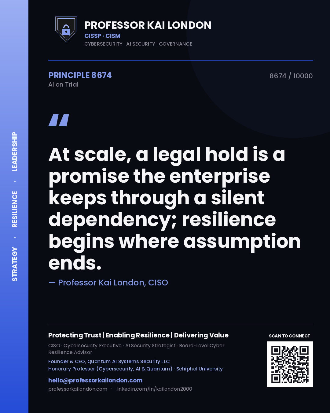 Quote card by Professor Kai London reading 'At scale, a legal hold is a promise the enterprise keeps through a silent dependency; resilience begins where assumption ends.'. From the book AI on Trial.