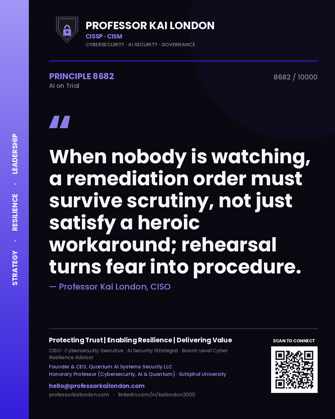 Quote card by Professor Kai London reading 'When nobody is watching, a remediation order must survive scrutiny, not just satisfy a heroic workaround; rehearsal turns fear into procedure.'. From the book AI on Trial.