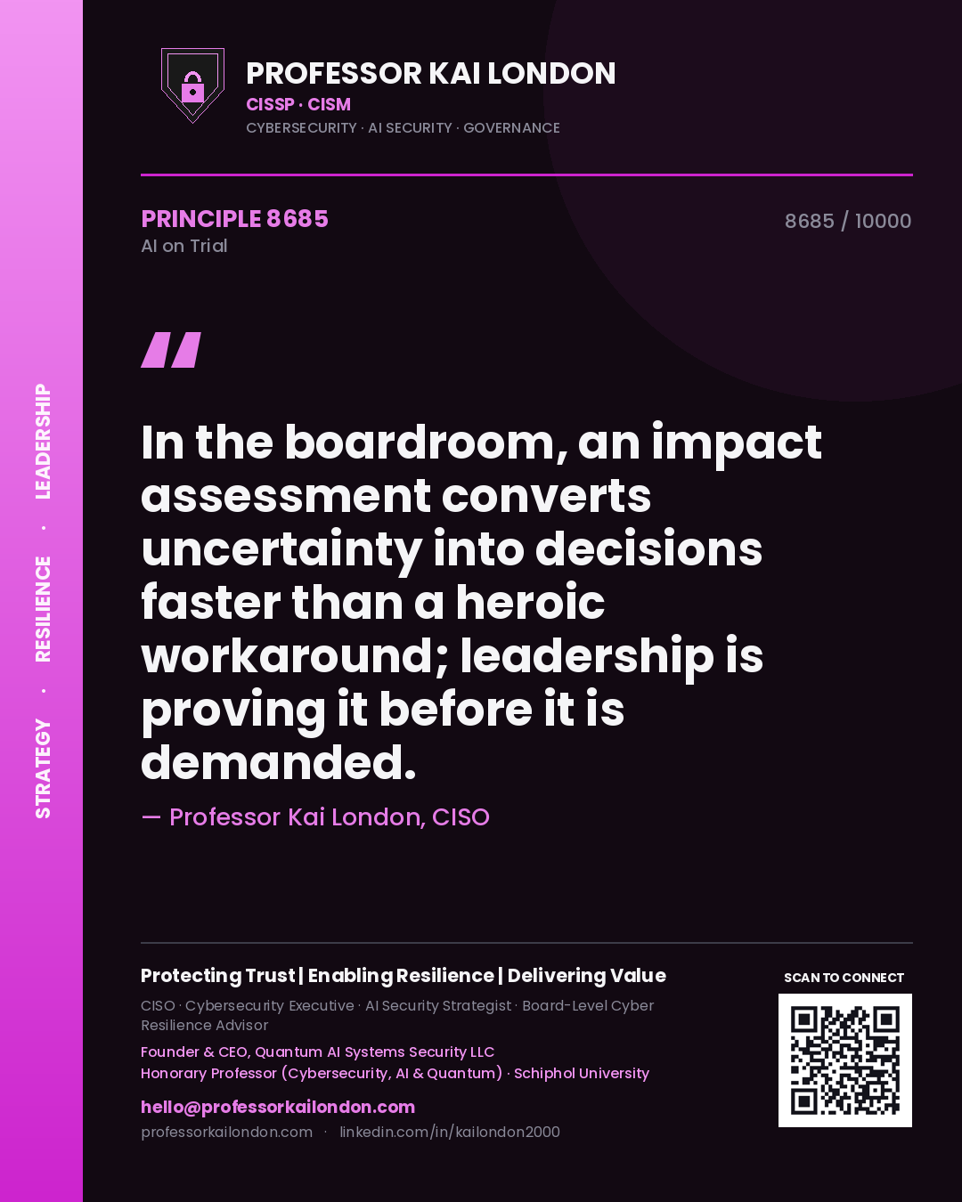Quote card by Professor Kai London reading 'In the boardroom, an impact assessment converts uncertainty into decisions faster than a heroic workaround; leadership is proving it before it is demanded.'. From the book AI on Trial.