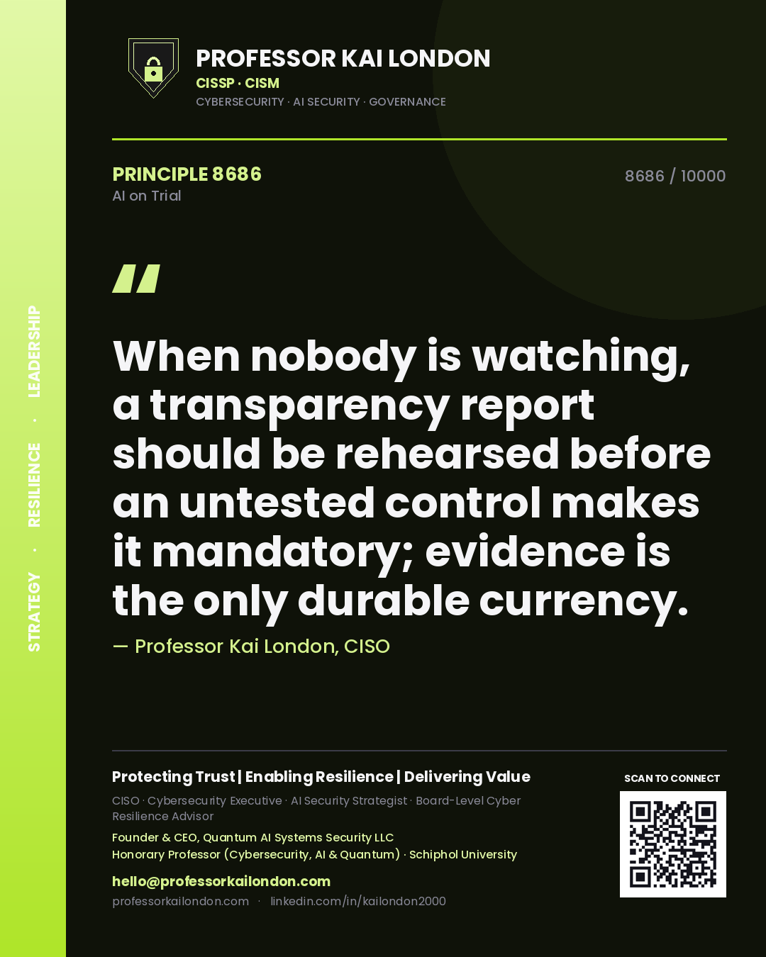 Quote card by Professor Kai London reading 'When nobody is watching, a transparency report should be rehearsed before an untested control makes it mandatory; evidence is the only durable currency.'. From the book AI on Trial.