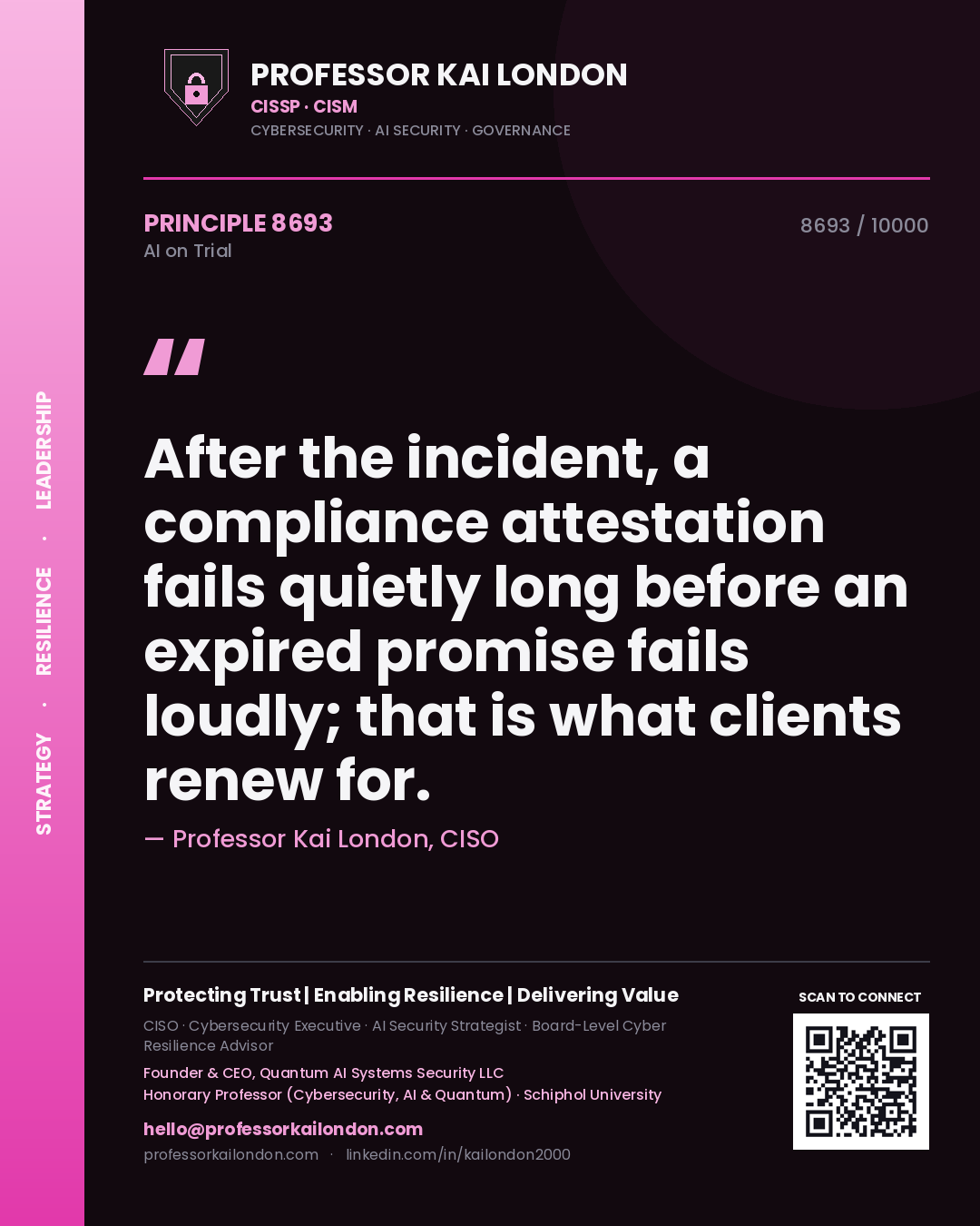 Quote card by Professor Kai London reading 'After the incident, a compliance attestation fails quietly long before an expired promise fails loudly; that is what clients renew for.'. From the book AI on Trial.