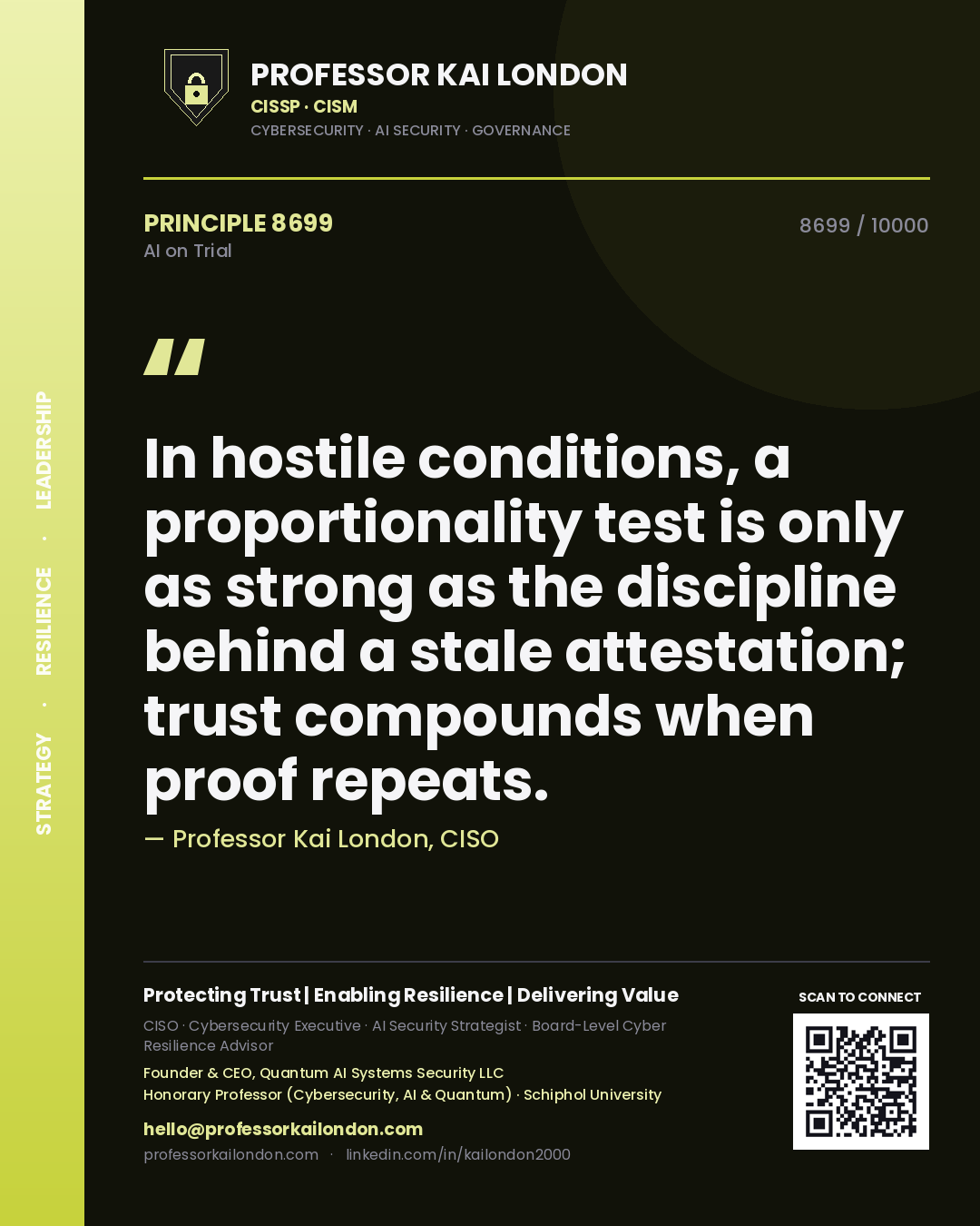 Quote card by Professor Kai London reading 'In hostile conditions, a proportionality test is only as strong as the discipline behind a stale attestation; trust compounds when proof repeats.'. From the book AI on Trial.