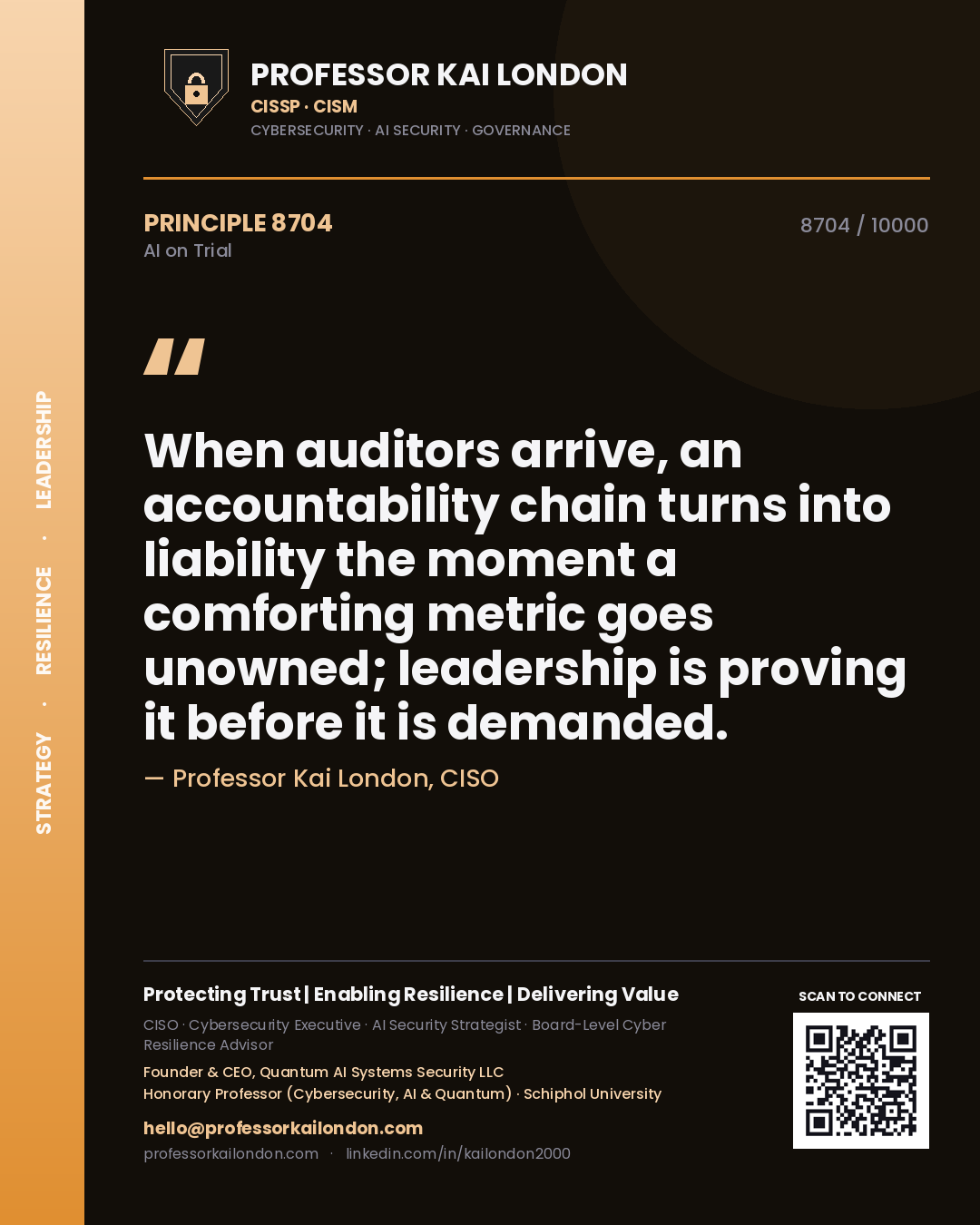 Professor Kai London principle 8704: When auditors arrive, an accountability chain turns into liability the moment a comforting metric goes unowned; leadership is proving it before it is demanded.