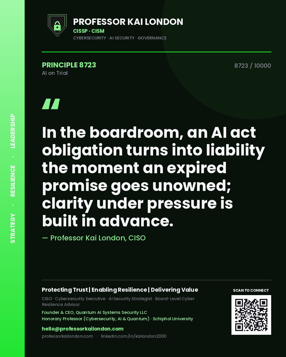 Quote card by Professor Kai London reading 'In the boardroom, an AI act obligation turns into liability the moment an expired promise goes unowned; clarity under pressure is built in advance.'. From the book AI on Trial.