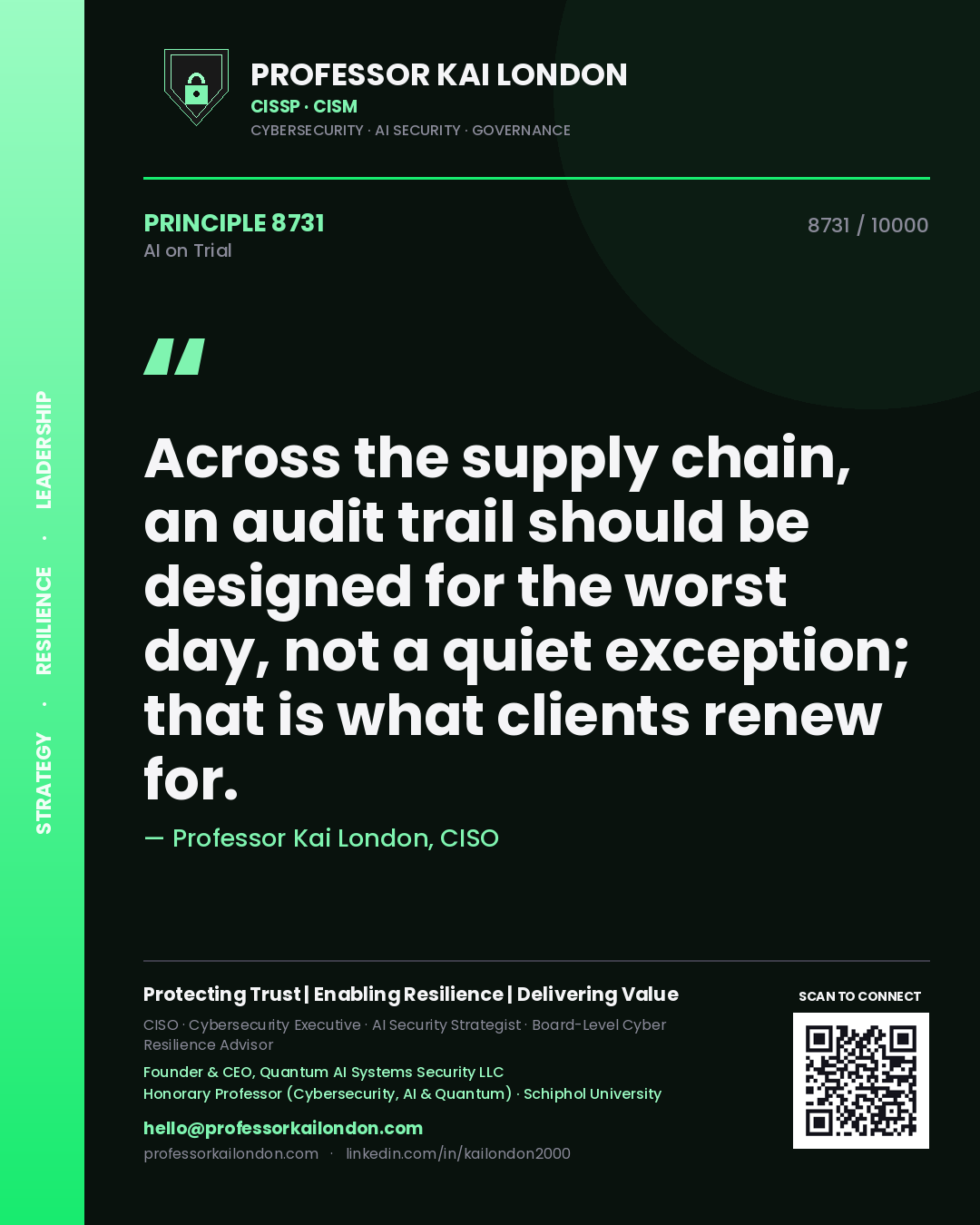 Professor Kai London principle 8731: Across the supply chain, an audit trail should be designed for the worst day, not a quiet exception; that is what clients renew for.