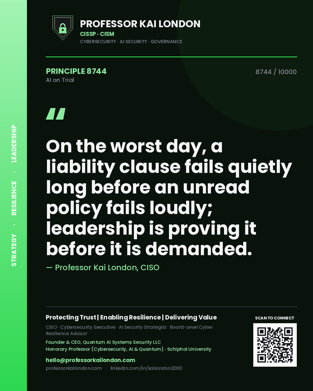 Quote card by Professor Kai London reading 'On the worst day, a liability clause fails quietly long before an unread policy fails loudly; leadership is proving it before it is demanded.'. From the book AI on Trial.