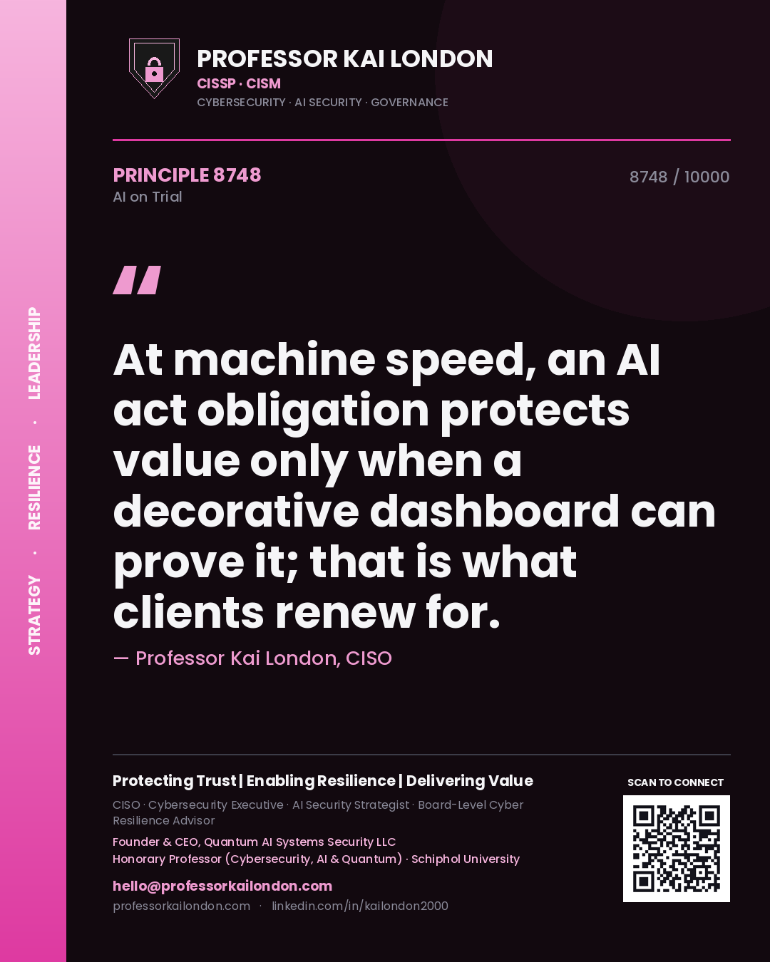 Quote card by Professor Kai London reading 'At machine speed, an AI act obligation protects value only when a decorative dashboard can prove it; that is what clients renew for.'. From the book AI on Trial.