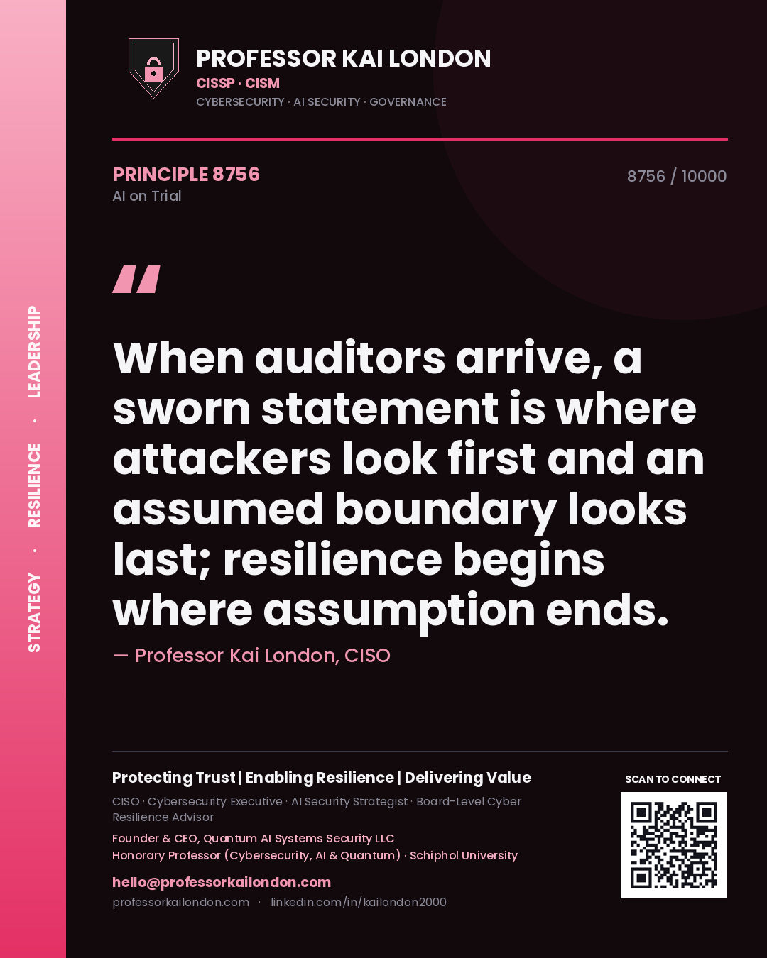 Quote card by Professor Kai London reading 'When auditors arrive, a sworn statement is where attackers look first and an assumed boundary looks last; resilience begins where assumption ends.'. From the book AI on Trial.