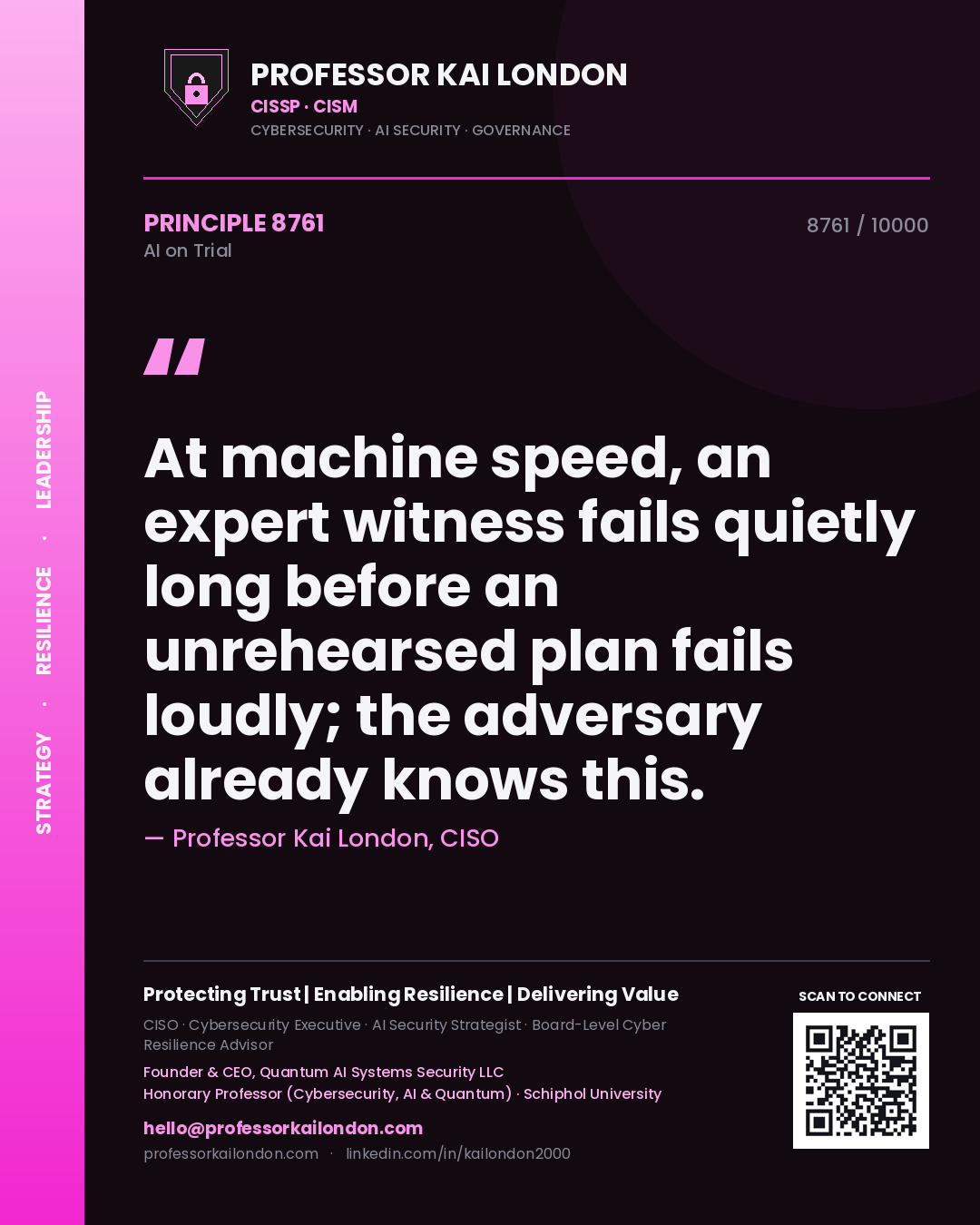 Professor Kai London principle 8761: At machine speed, an expert witness fails quietly long before an unrehearsed plan fails loudly; the adversary already knows this.
