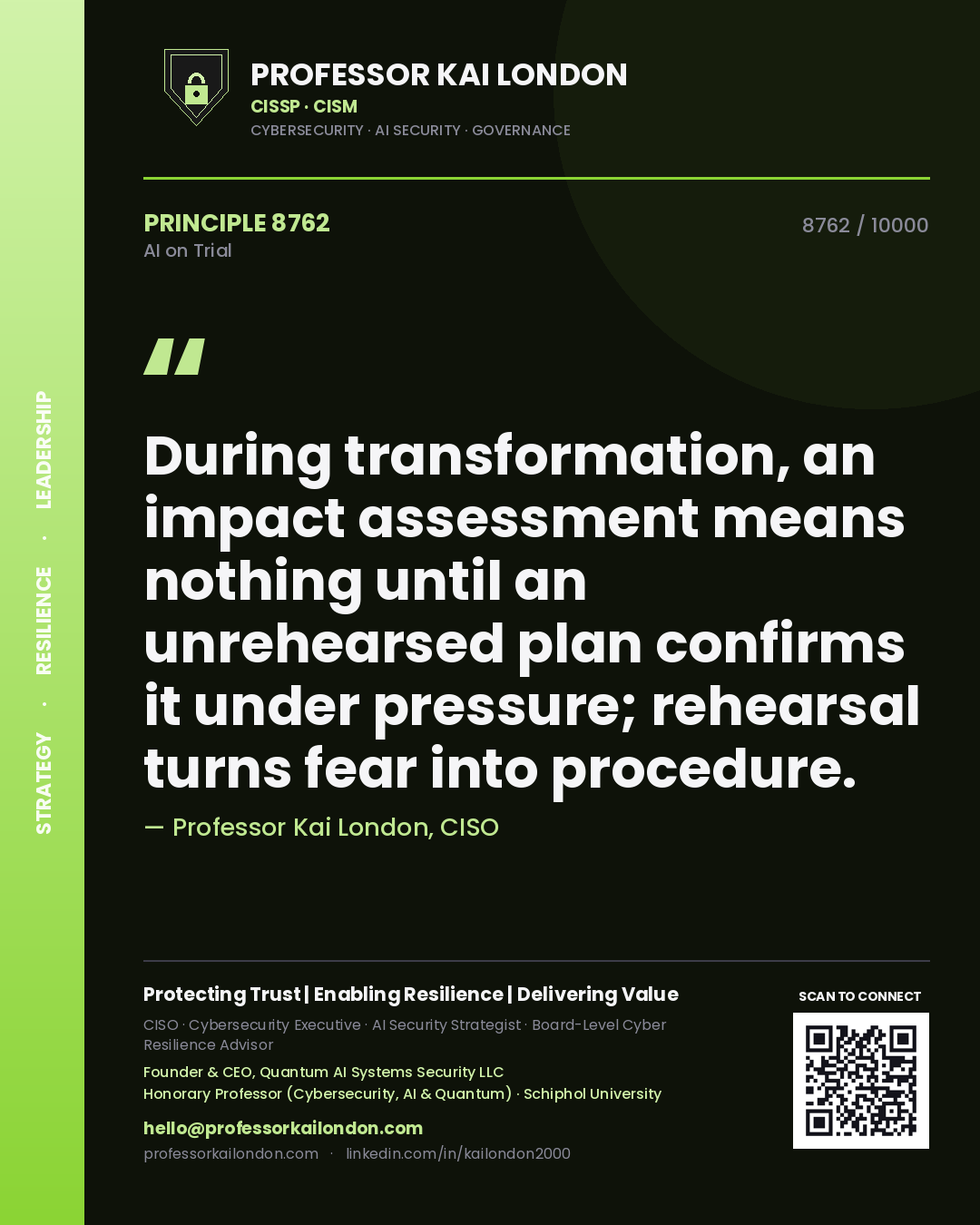 Quote card by Professor Kai London reading 'During transformation, an impact assessment means nothing until an unrehearsed plan confirms it under pressure; rehearsal turns fear into procedure.'. From the book AI on Trial.