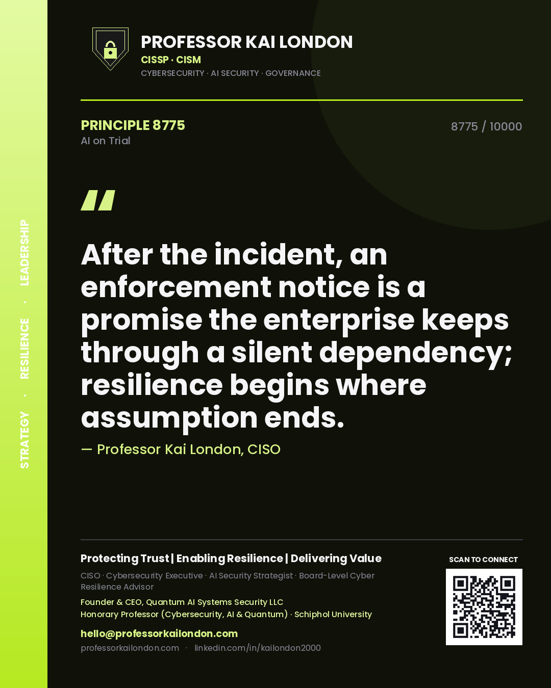 Quote card by Professor Kai London reading 'After the incident, an enforcement notice is a promise the enterprise keeps through a silent dependency; resilience begins where assumption ends.'. From the book AI on Trial.