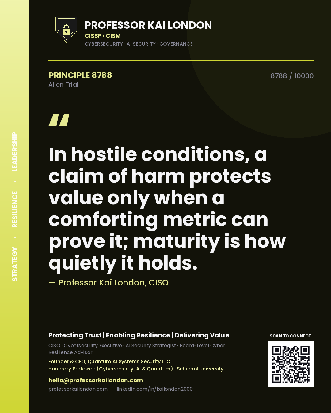 Quote card by Professor Kai London reading 'In hostile conditions, a claim of harm protects value only when a comforting metric can prove it; maturity is how quietly it holds.'. From the book AI on Trial.