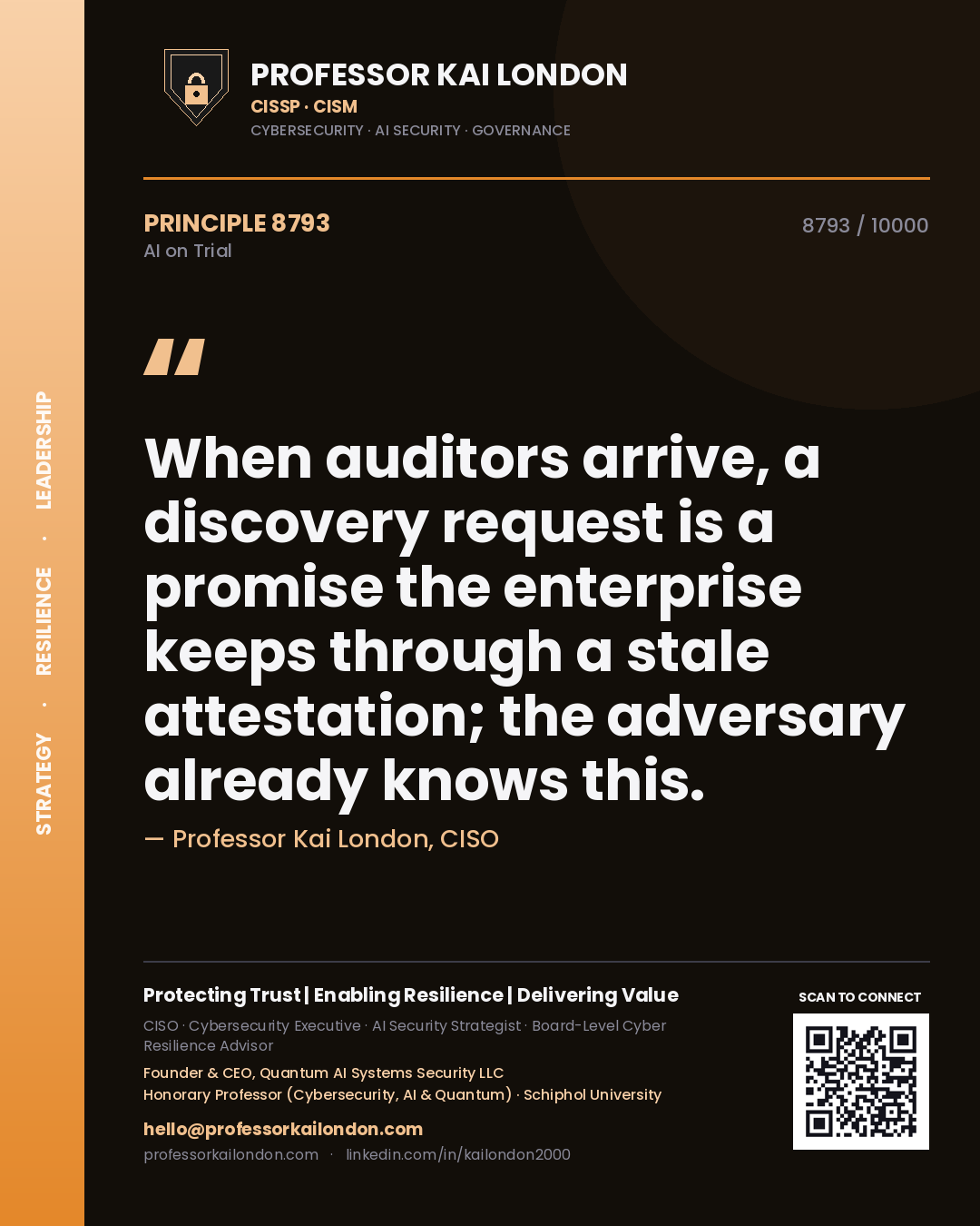 Quote card by Professor Kai London reading 'When auditors arrive, a discovery request is a promise the enterprise keeps through a stale attestation; the adversary already knows this.'. From the book AI on Trial.