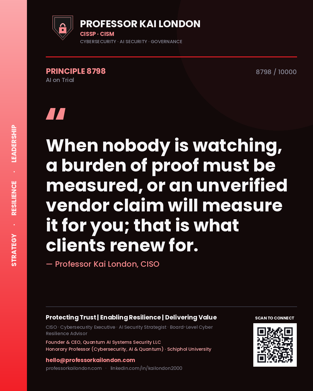 Quote card by Professor Kai London reading 'When nobody is watching, a burden of proof must be measured, or an unverified vendor claim will measure it for you; that is what clients renew for.'. From the book AI on Trial.