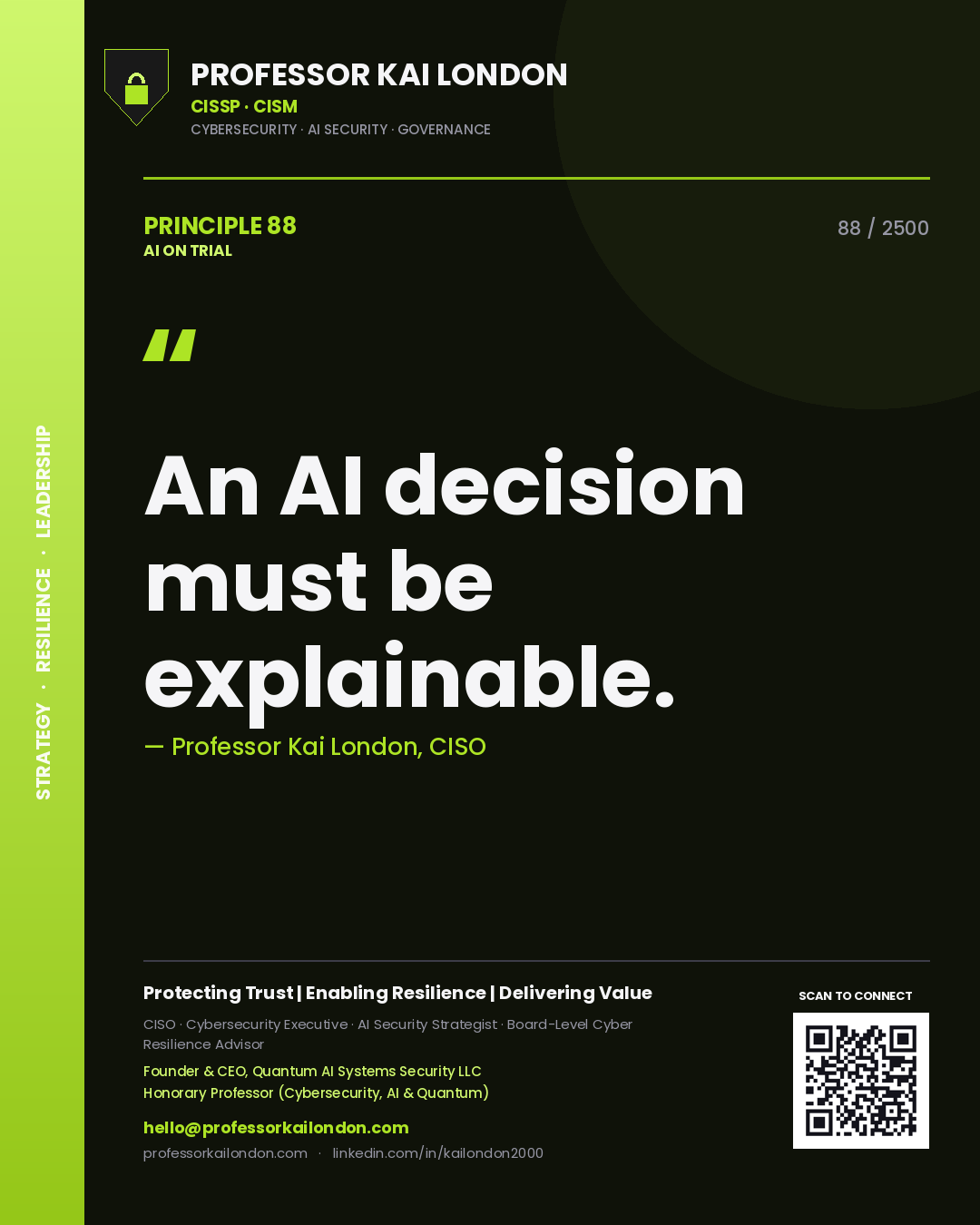 Quote card by Professor Kai London reading 'An AI decision must be explainable.'. From the book AI on Trial.