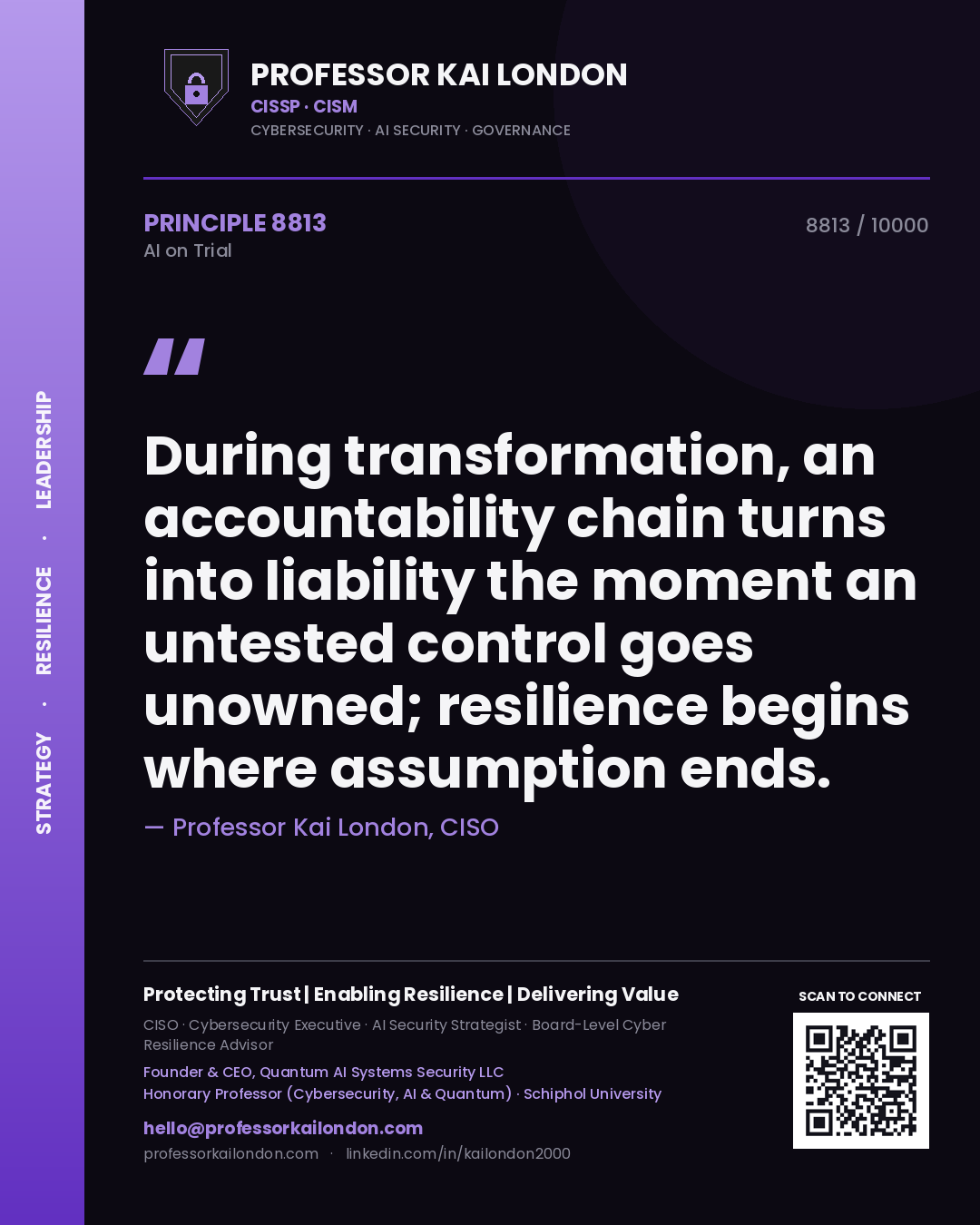 Professor Kai London principle 8813: During transformation, an accountability chain turns into liability the moment an untested control goes unowned; resilience begins where assumption ends.