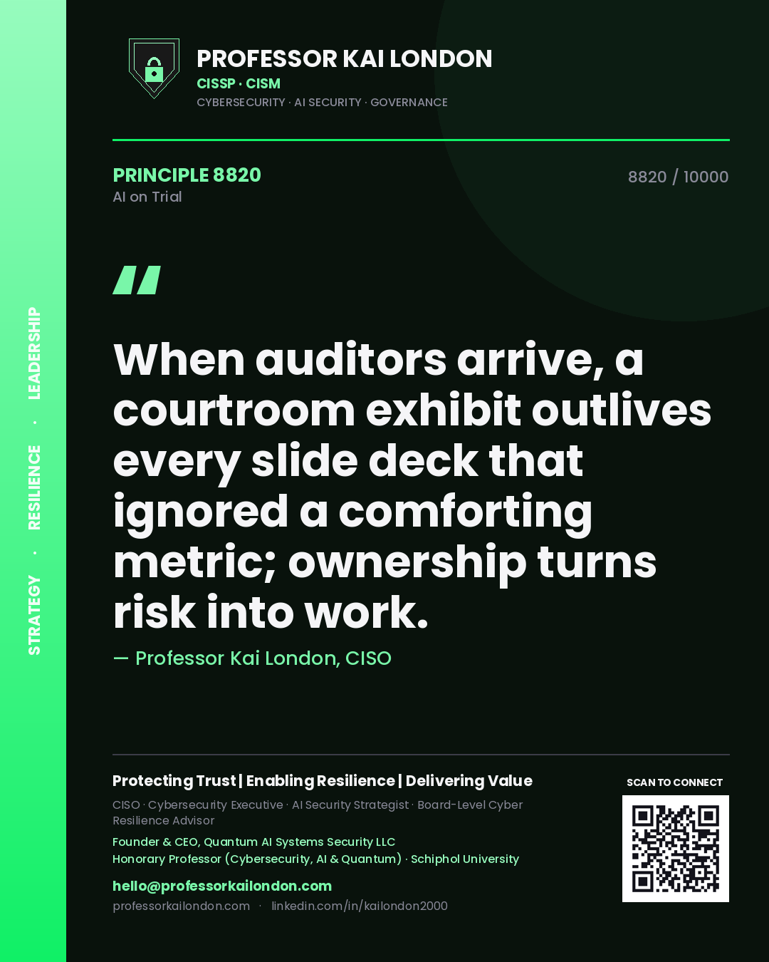 Professor Kai London principle 8820: When auditors arrive, a courtroom exhibit outlives every slide deck that ignored a comforting metric; ownership turns risk into work.