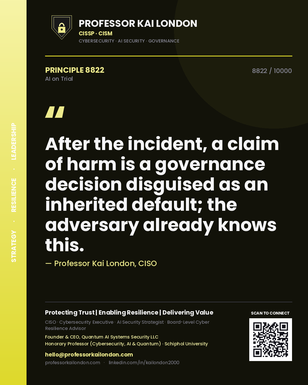 Professor Kai London principle 8822: After the incident, a claim of harm is a governance decision disguised as an inherited default; the adversary already knows this.