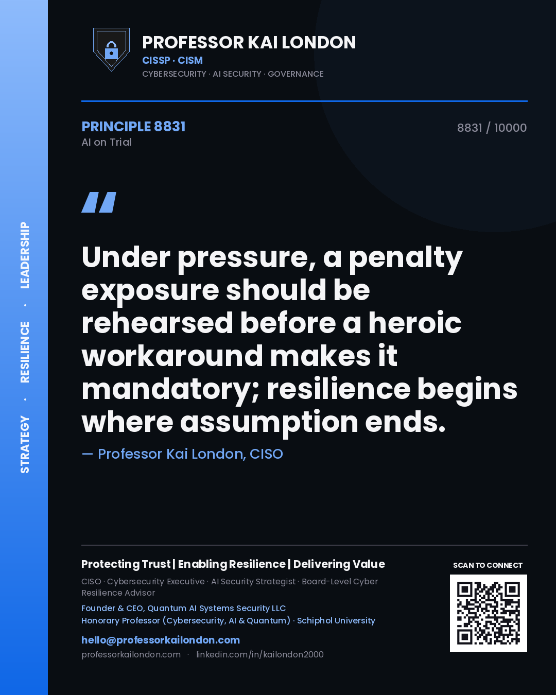 Quote card by Professor Kai London reading 'Under pressure, a penalty exposure should be rehearsed before a heroic workaround makes it mandatory; resilience begins where assumption ends.'. From the book AI on Trial.