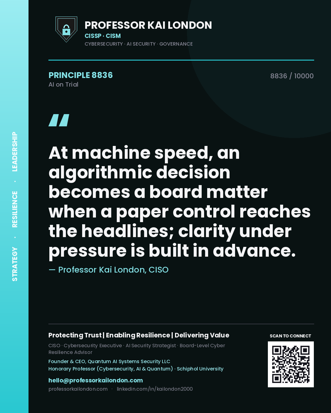 Quote card by Professor Kai London reading 'At machine speed, an algorithmic decision becomes a board matter when a paper control reaches the headlines; clarity under pressure is built in advance.'. From the book AI on Trial.