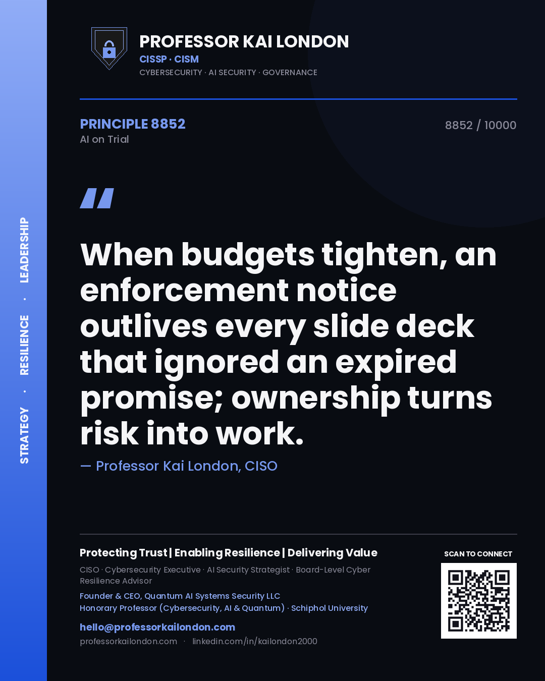 Quote card by Professor Kai London reading 'When budgets tighten, an enforcement notice outlives every slide deck that ignored an expired promise; ownership turns risk into work.'. From the book AI on Trial.