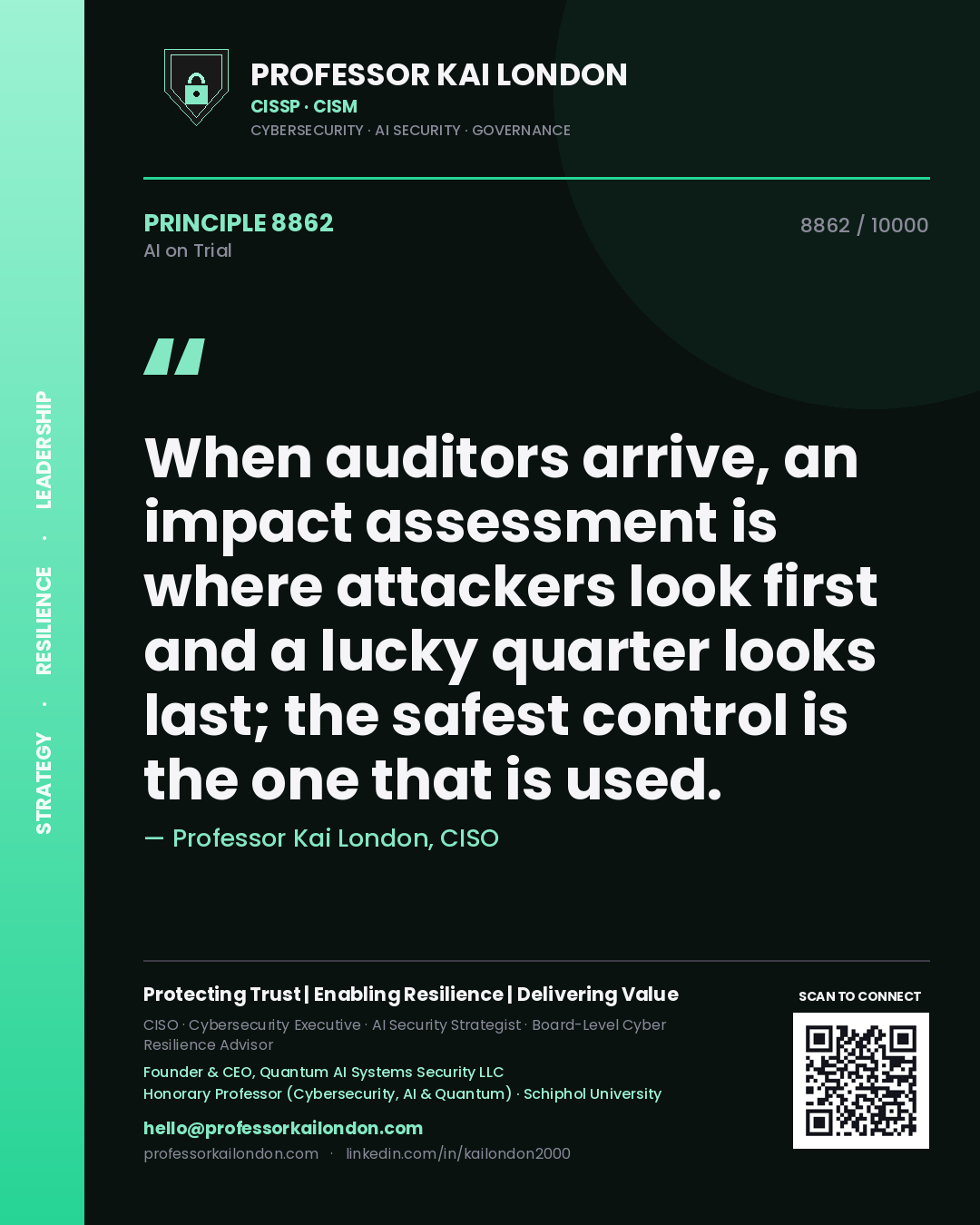 Professor Kai London principle 8862: When auditors arrive, an impact assessment is where attackers look first and a lucky quarter looks last; the safest control is the one that is used.