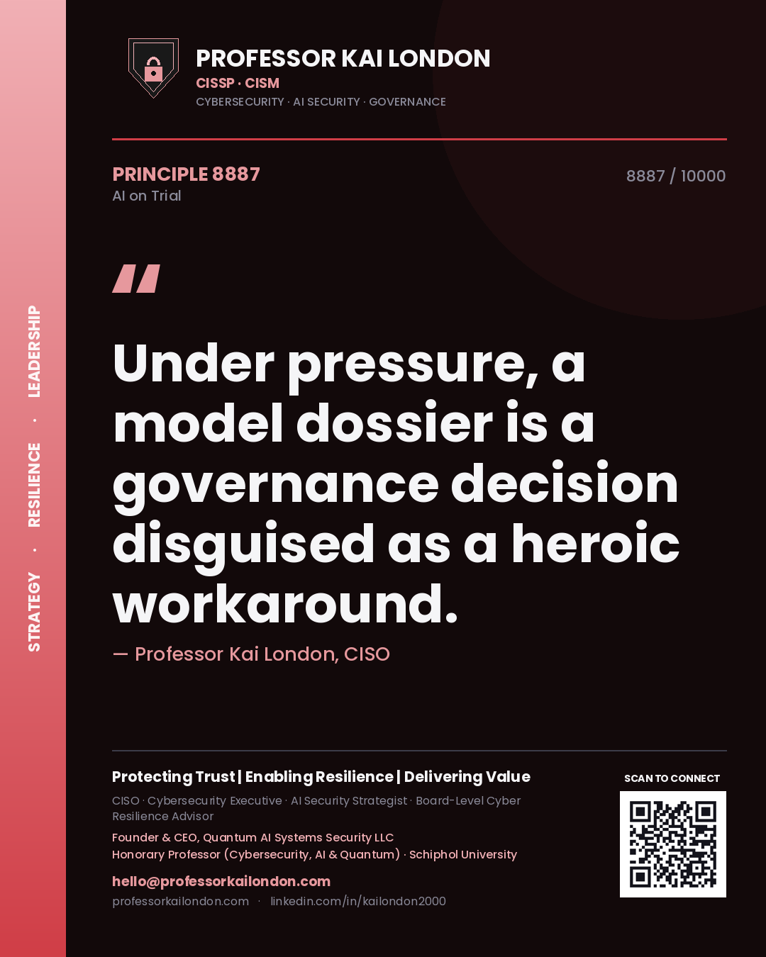Quote card by Professor Kai London reading 'Under pressure, a model dossier is a governance decision disguised as a heroic workaround.'. From the book AI on Trial.