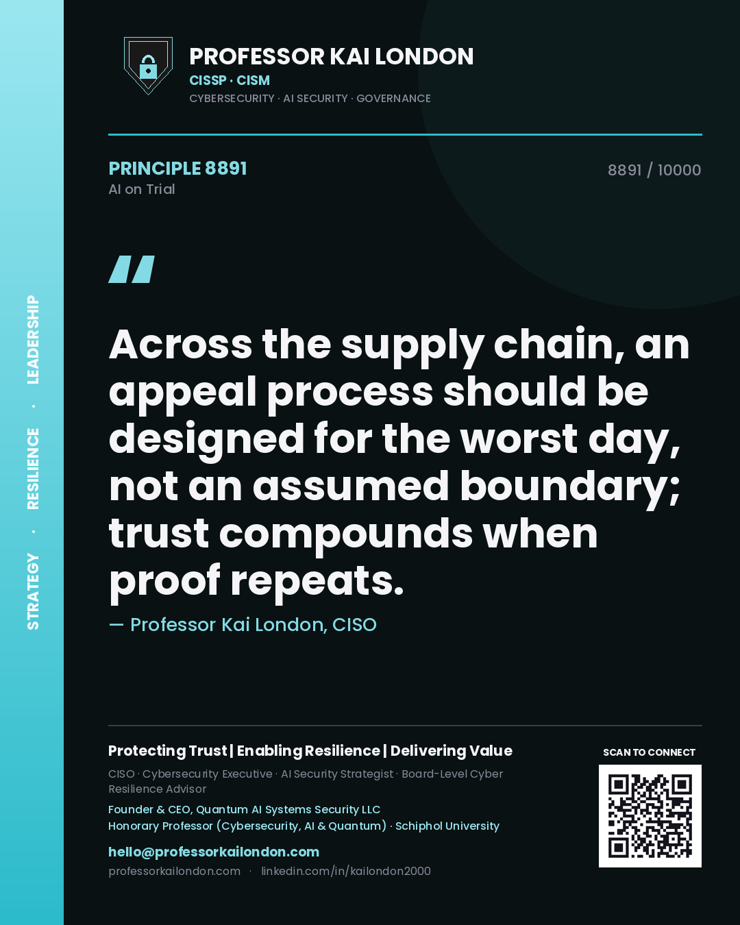 Quote card by Professor Kai London reading 'Across the supply chain, an appeal process should be designed for the worst day, not an assumed boundary; trust compounds when proof repeats.'. From the book AI on Trial.