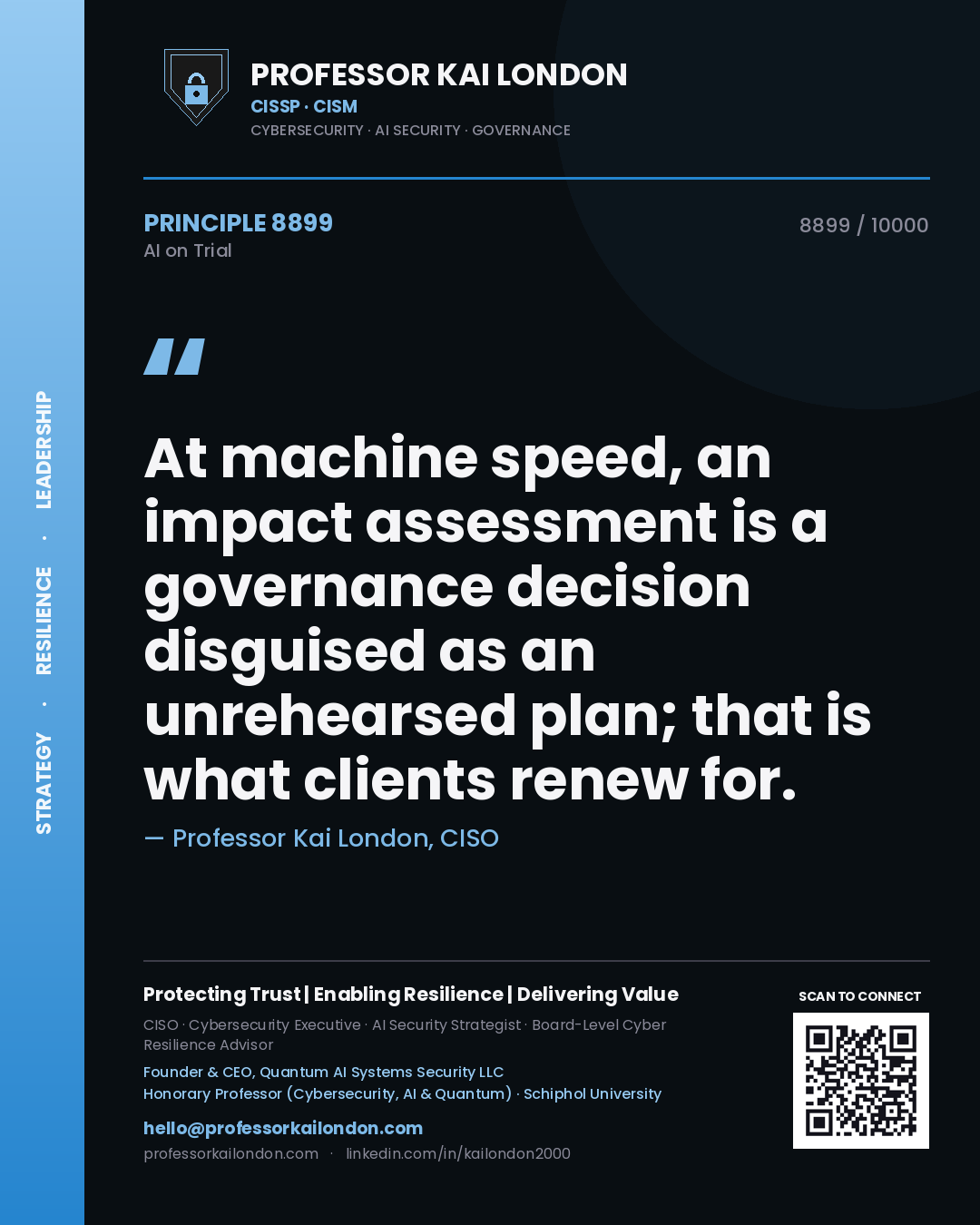 Professor Kai London principle 8899: At machine speed, an impact assessment is a governance decision disguised as an unrehearsed plan; that is what clients renew for.