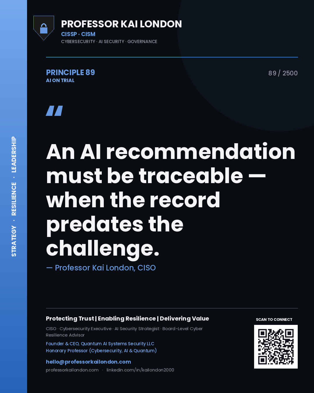 Professor Kai London principle 89: An AI recommendation must be traceable — when the record predates the challenge.