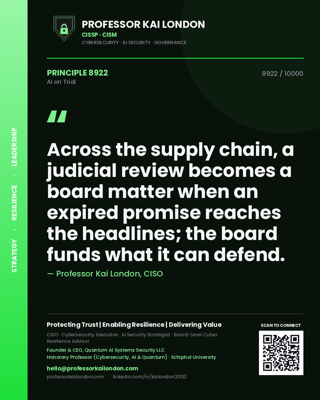 Quote card by Professor Kai London reading 'Across the supply chain, a judicial review becomes a board matter when an expired promise reaches the headlines; the board funds what it can defend.'. From the book AI on Trial.