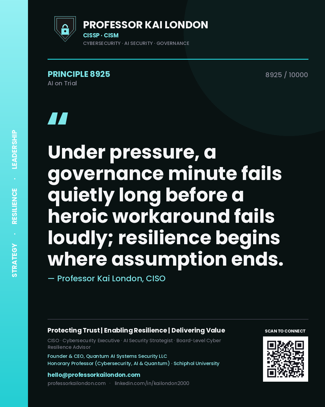 Quote card by Professor Kai London reading 'Under pressure, a governance minute fails quietly long before a heroic workaround fails loudly; resilience begins where assumption ends.'. From the book AI on Trial.