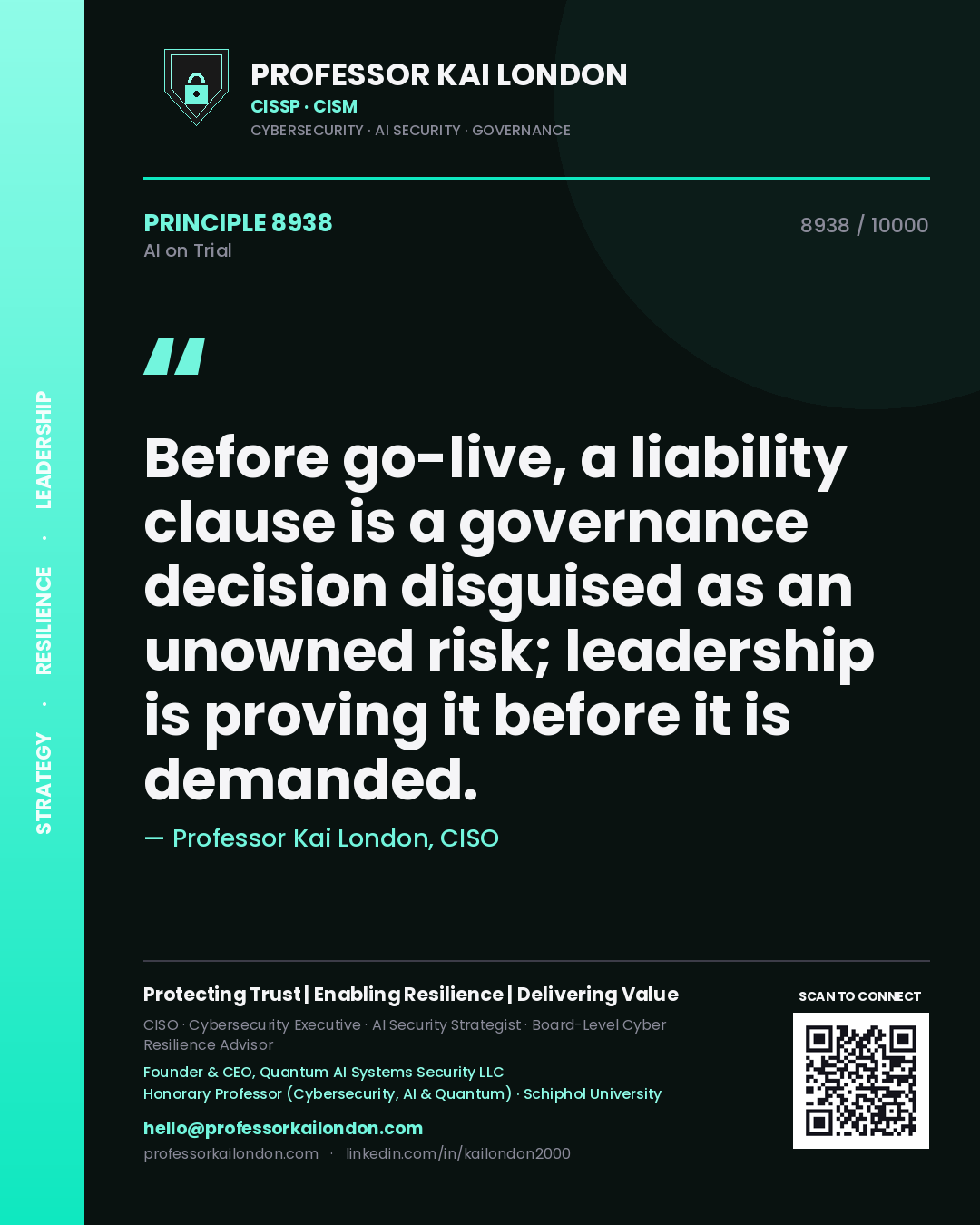 Quote card by Professor Kai London reading 'Before go-live, a liability clause is a governance decision disguised as an unowned risk; leadership is proving it before it is demanded.'. From the book AI on Trial.